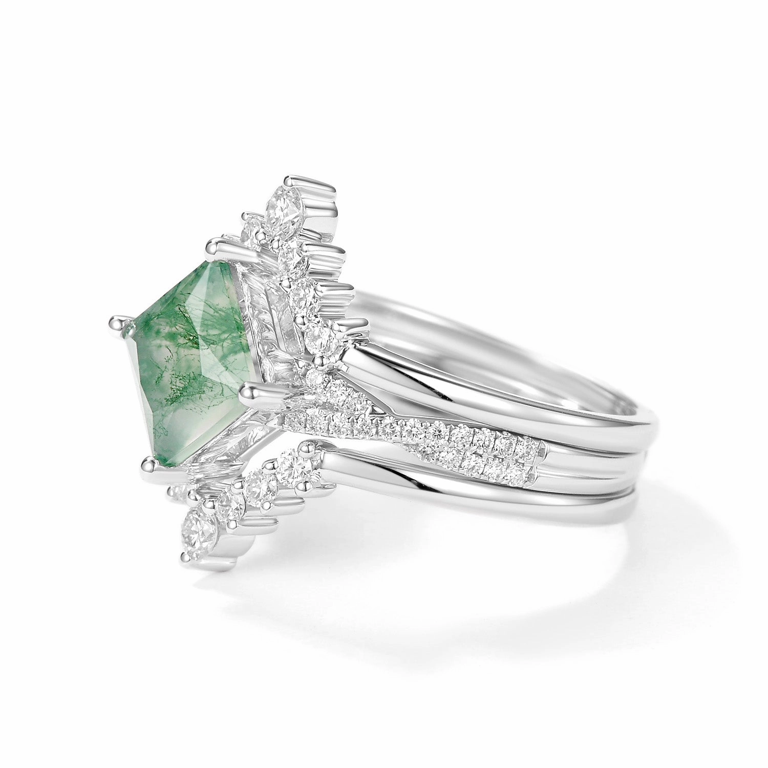 Formal Accent Gentle Shine 2.0ct Moss Agate Princess Cut Stacking Engagement Ring Set 3pcs