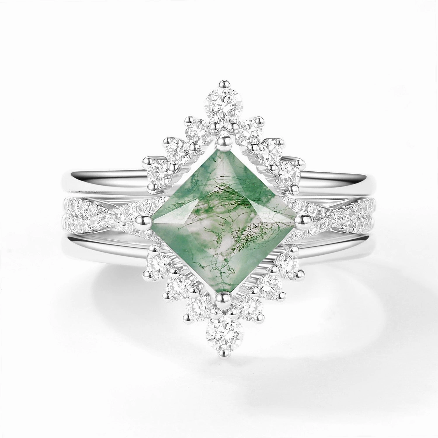 2.0ct Moss Agate Princess Cut Stacking Engagement Ring Set 3pcs Sophisticated Craft