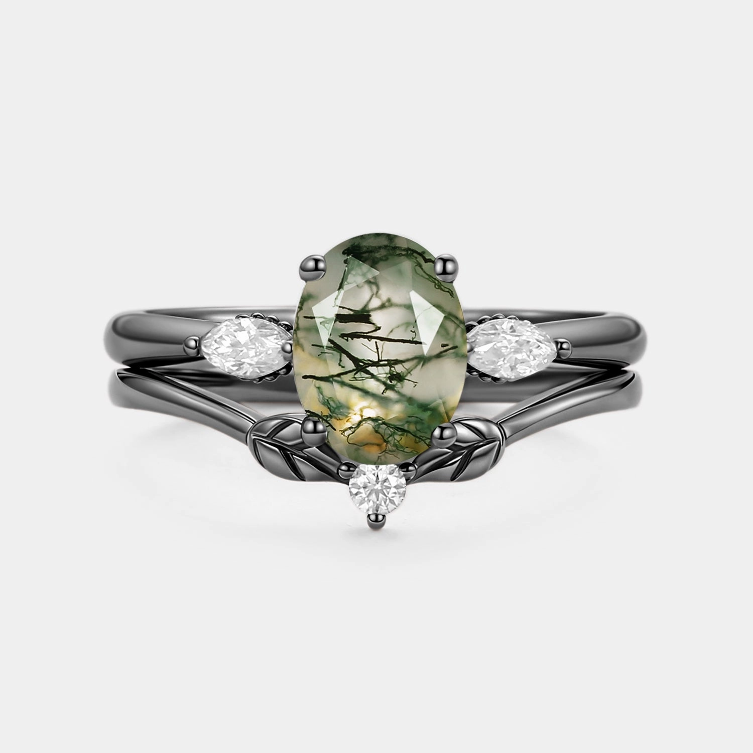 Dinner Party Oval Cut Moss Agate Vine Engagement Ring Set 2pcs - Bowie