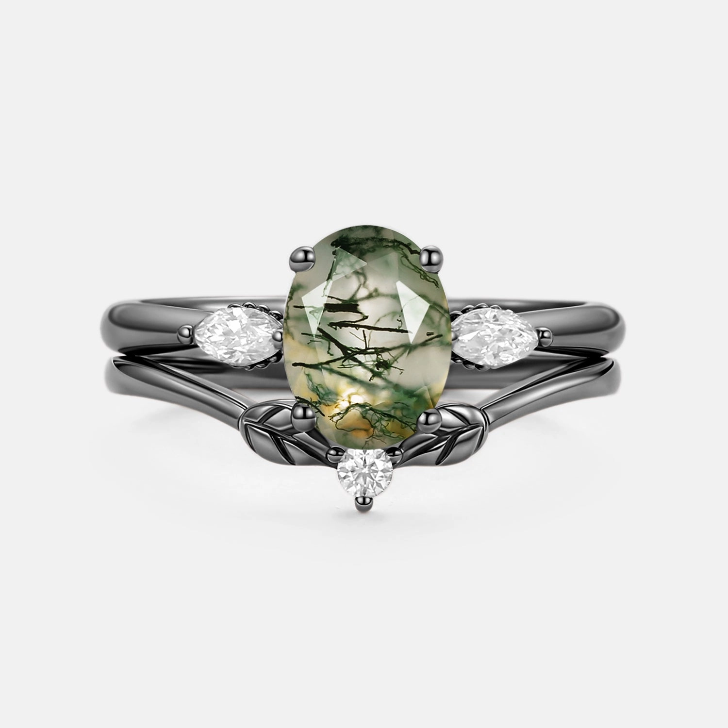 Stock Item Oval Cut Moss Agate Vine Engagement Ring Set 2pcs - Bowie
