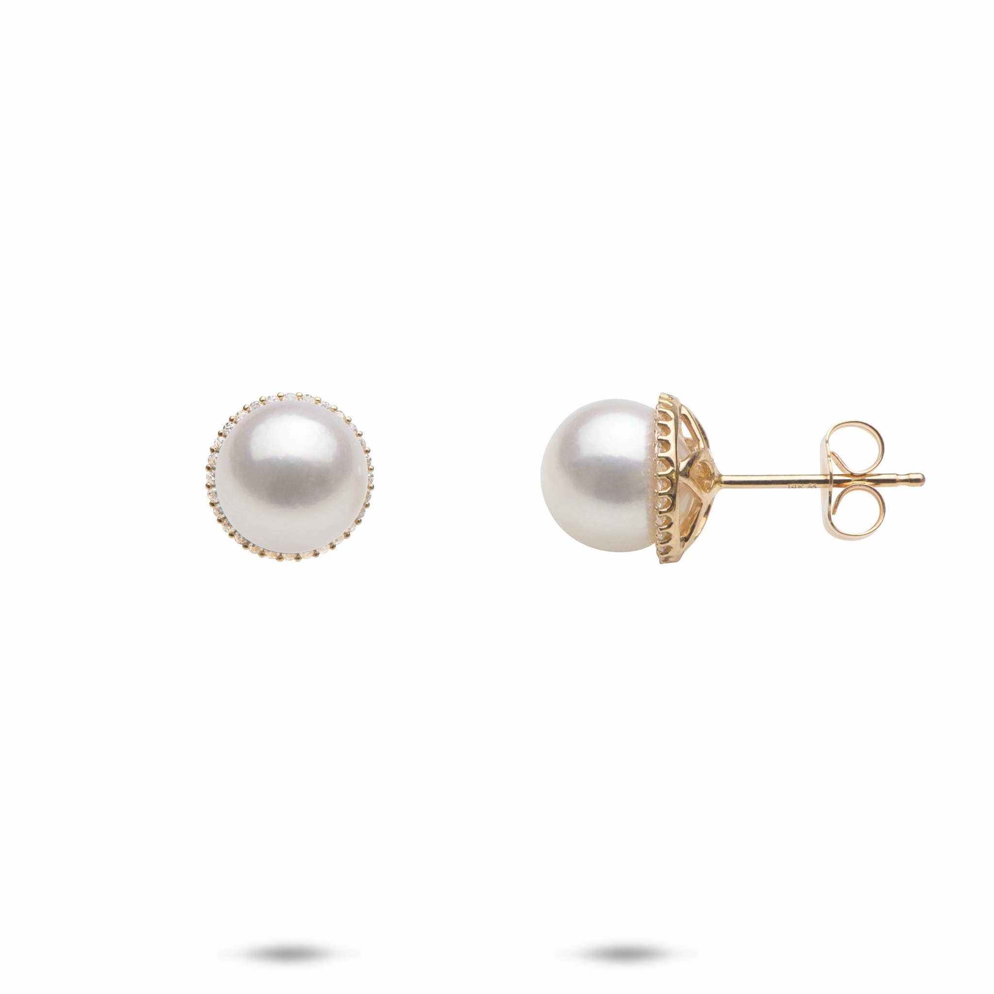 Akoya White Pearl Halo Earrings in Gold with Diamonds - 8-8.5mm Shimmering Highlight Quick Shine