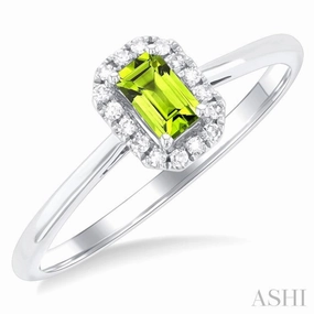 5x3 MM Octagonal Shape Peridot and 1/20 Ctw Single Cut Diamond Halo Semi-Precious Ring in 14K White Gold Balanced Balance
