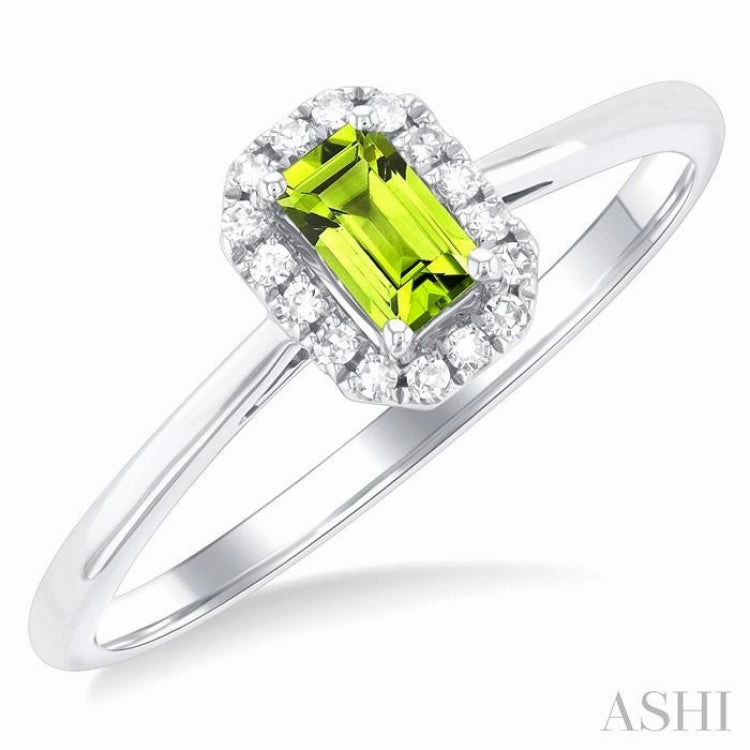 5x3 MM Octagonal Shape Peridot and 1/20 Ctw Single Cut Diamond Halo Semi-Precious Ring in 14K White Gold Balanced Balance