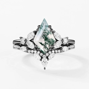 Exquisite Piece Black Gold Moss Agate Cluster Engagement Ring Set 2pcs