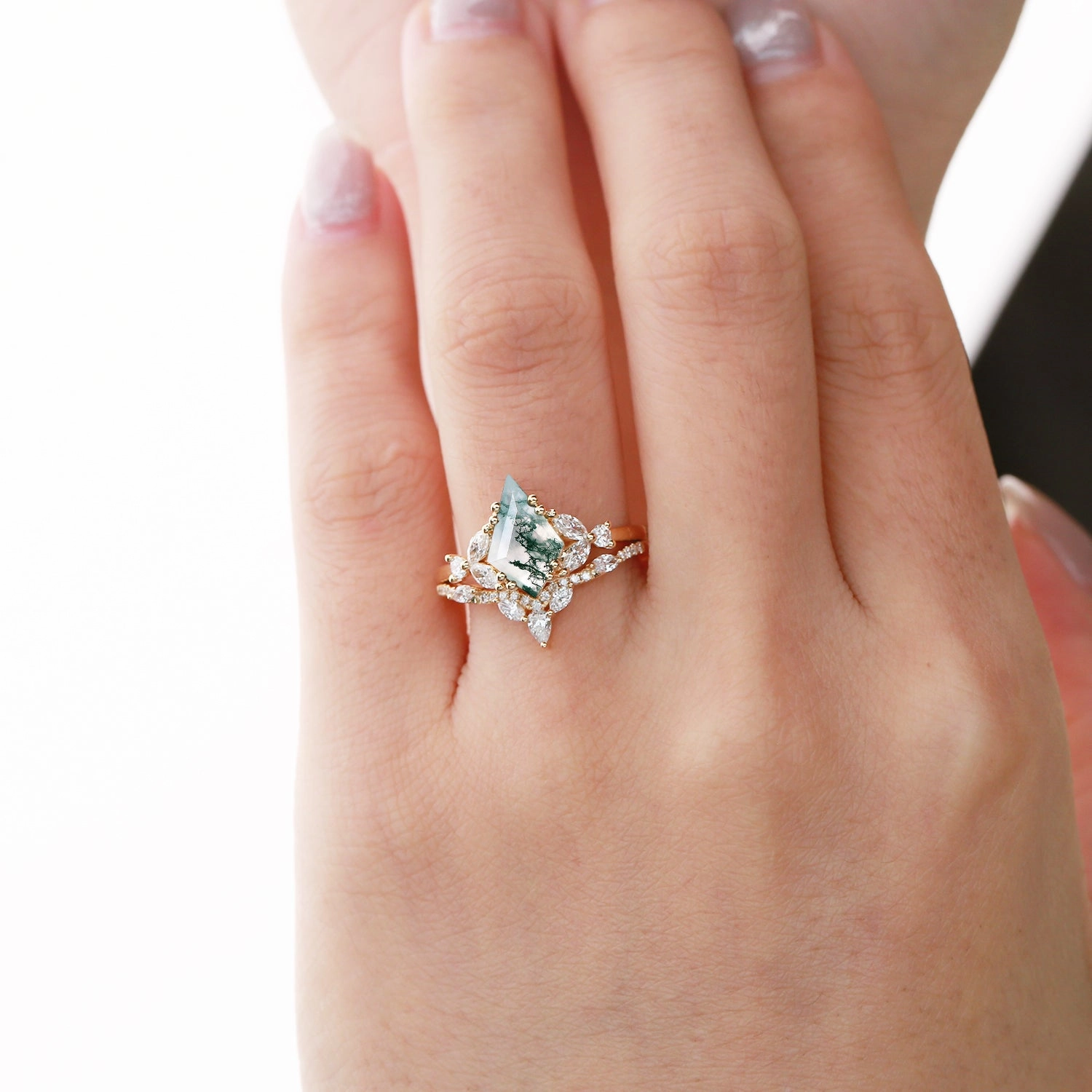 Formal Night Statement Ready Black Gold Moss Agate Cluster Engagement Ring Set 2pcs