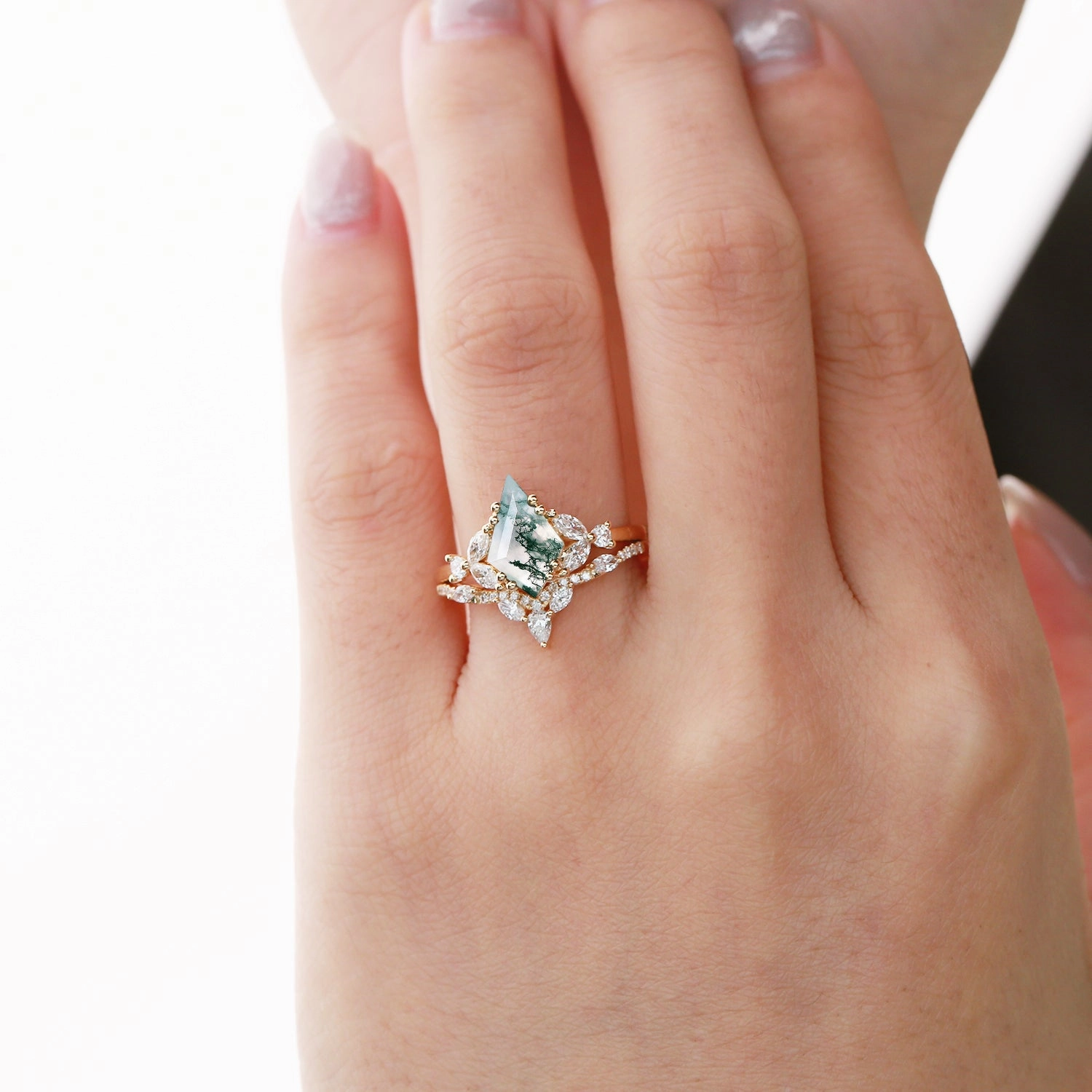 Black Gold Moss Agate Cluster Engagement Ring Set 2pcs Dashing Accent Chic Accent