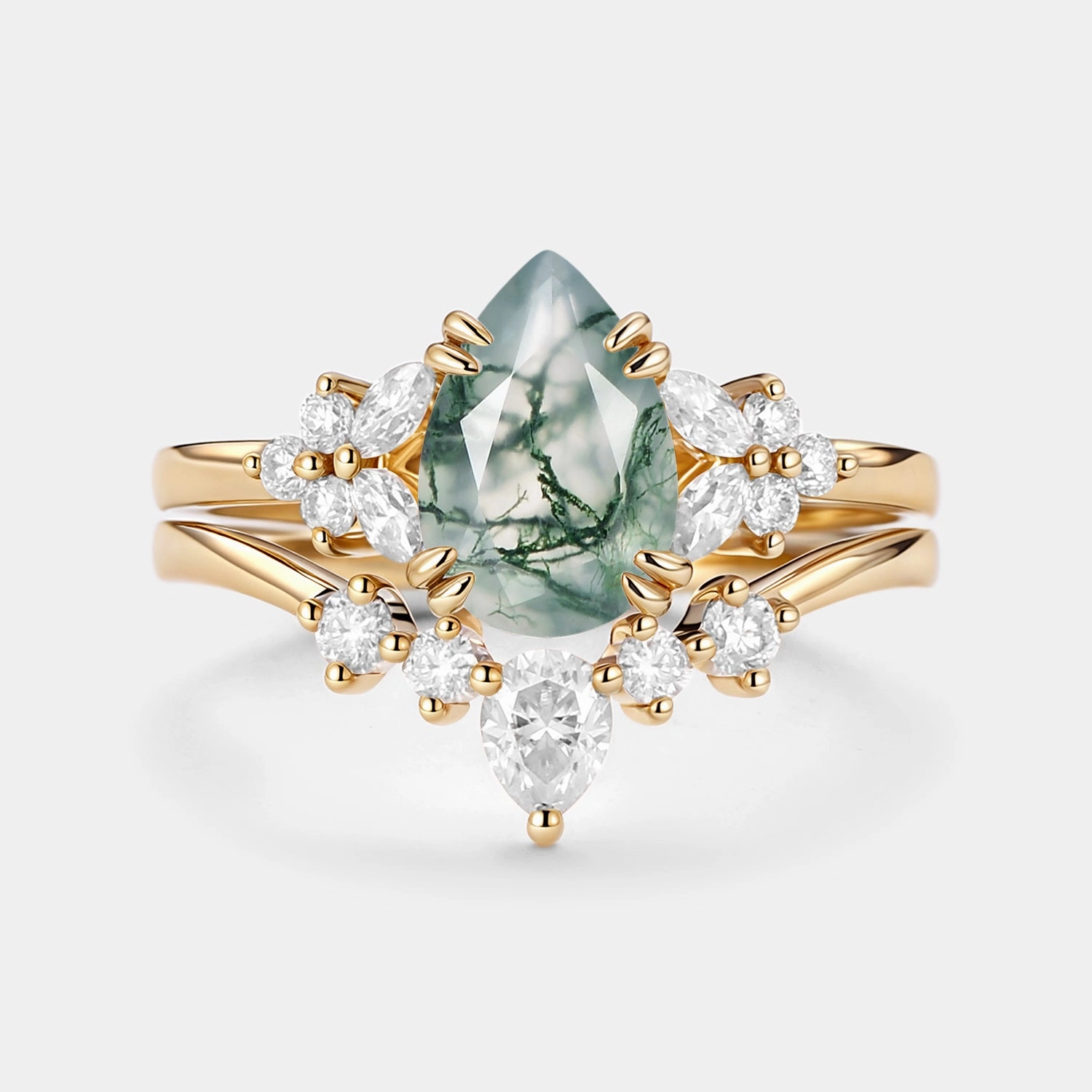 Pear Shaped Moss Agate Cluster Chevron Gold Ring Set 2pcs - Cerys Elegant Style City Spark