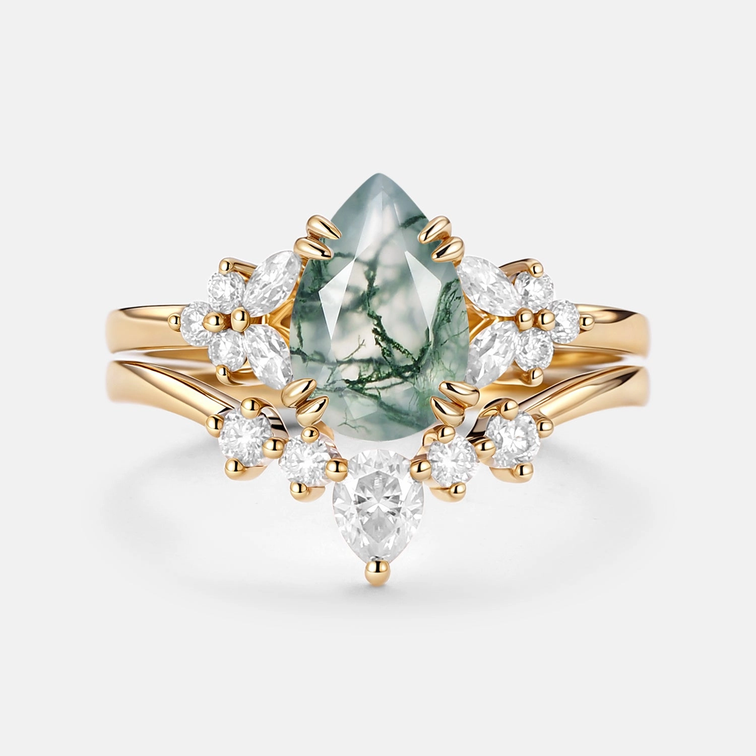 Pear Shaped Moss Agate Cluster Chevron Gold Ring Set 2pcs - Cerys Balanced Feature Radiant Finish