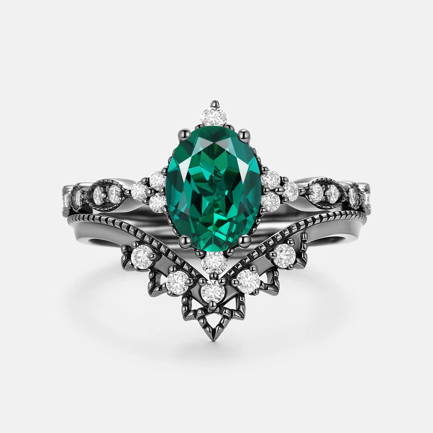 country style Signature Vintage Oval Cut Lab Emerald Engagement Ring Set 2pcs