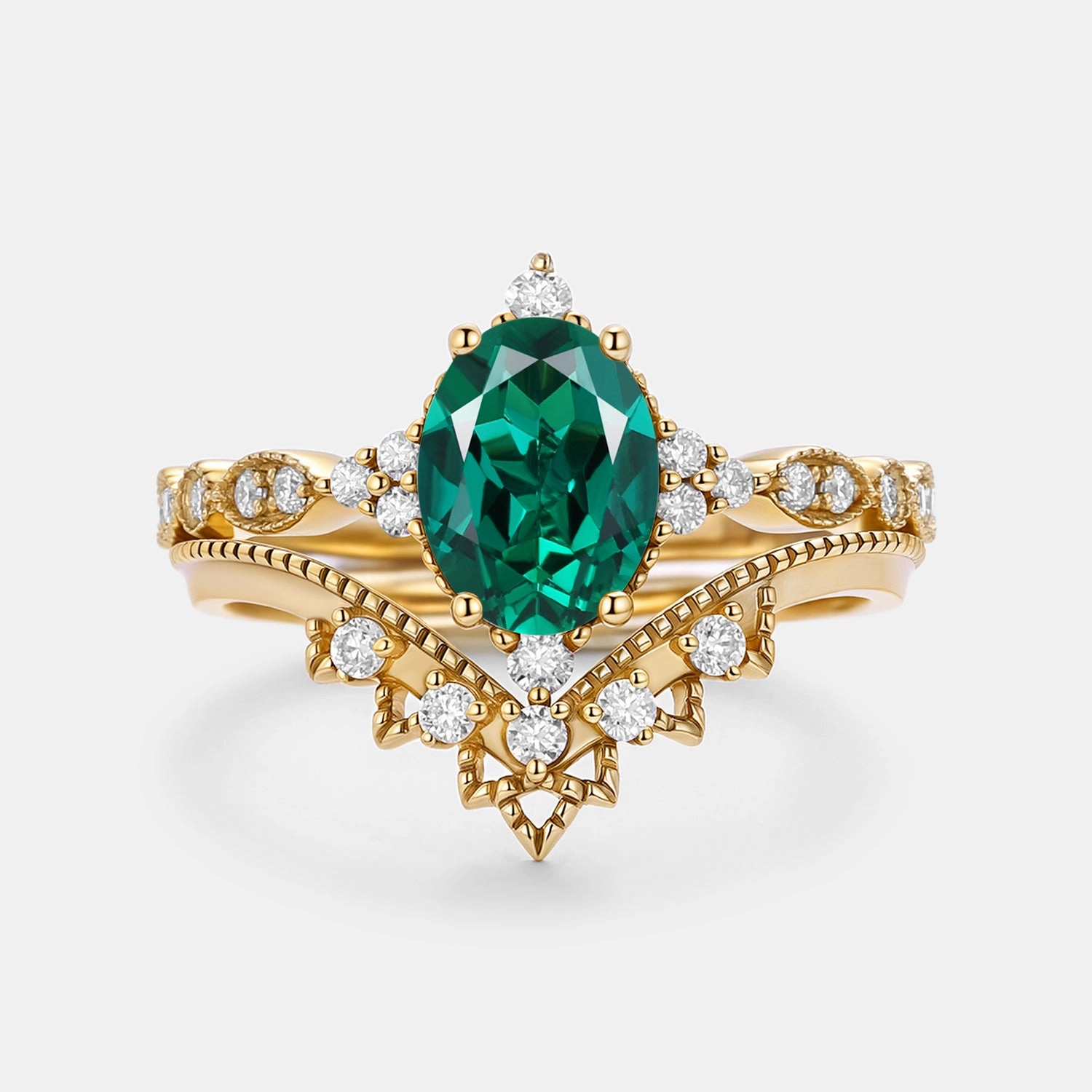 Signature Vintage Oval Cut Lab Emerald Engagement Ring Set 2pcs Vintage Insignia