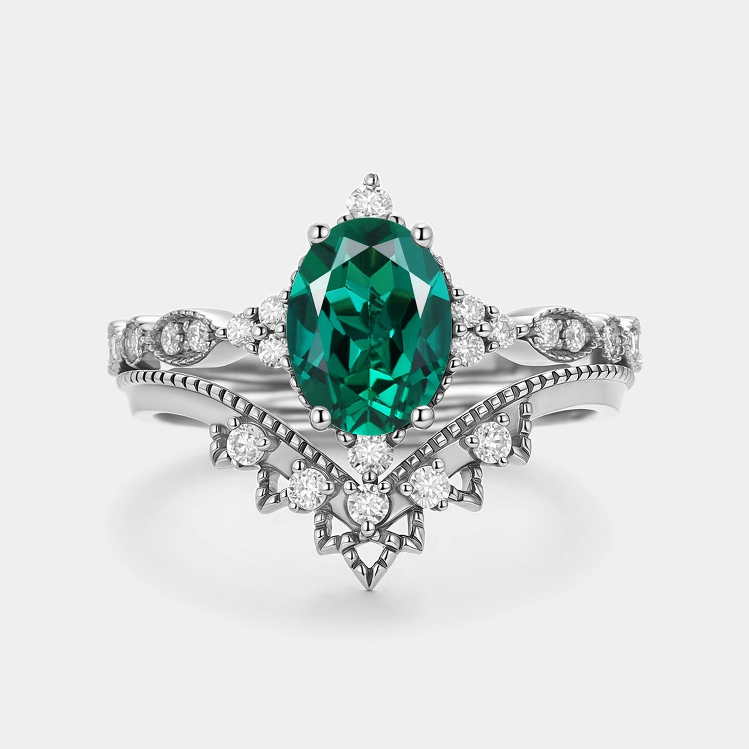 Signature Vintage Oval Cut Lab Emerald Engagement Ring Set 2pcs Simple Sparkle