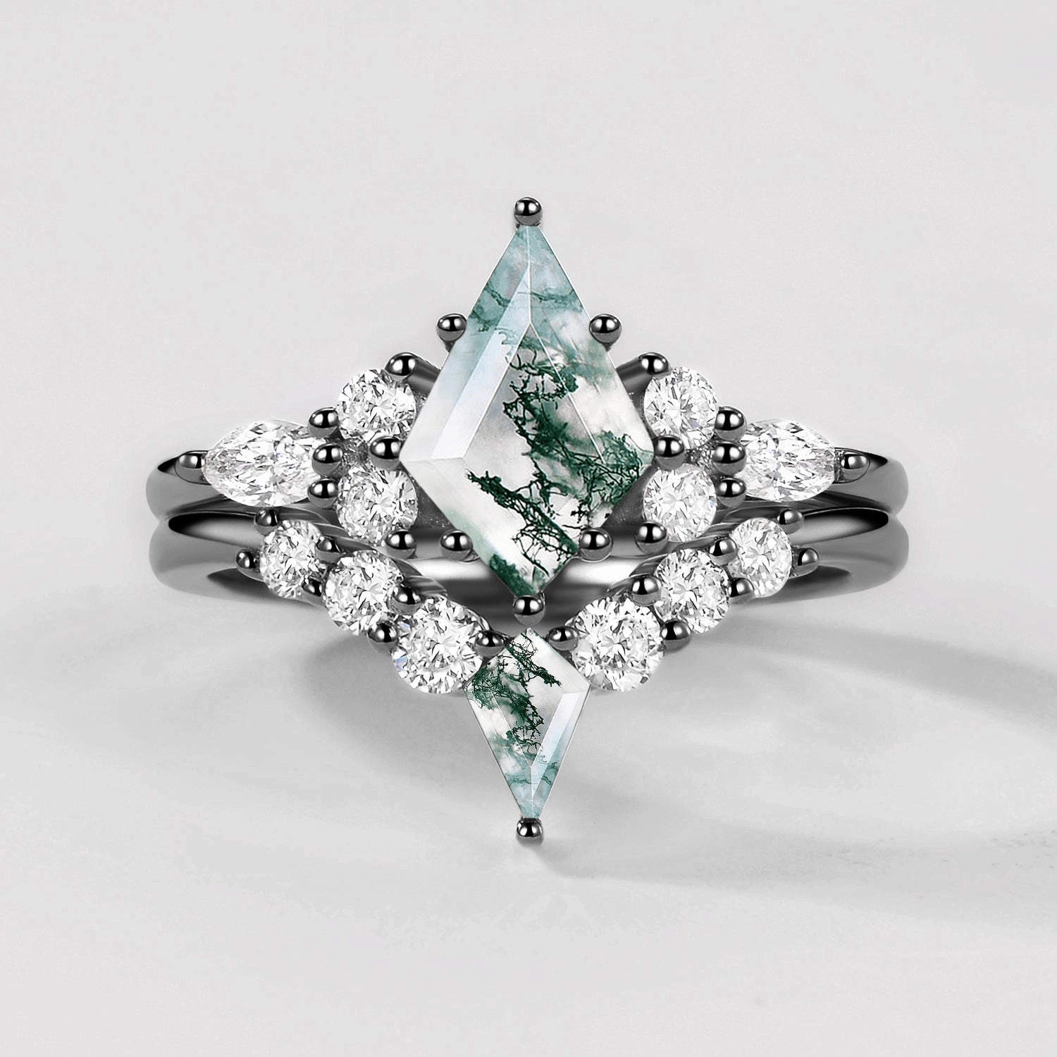 Quality Assurance Artisan Crafted Twin Flames - Black Gold Kite Cut Unique Moss Agate Ring Sets 2pcs