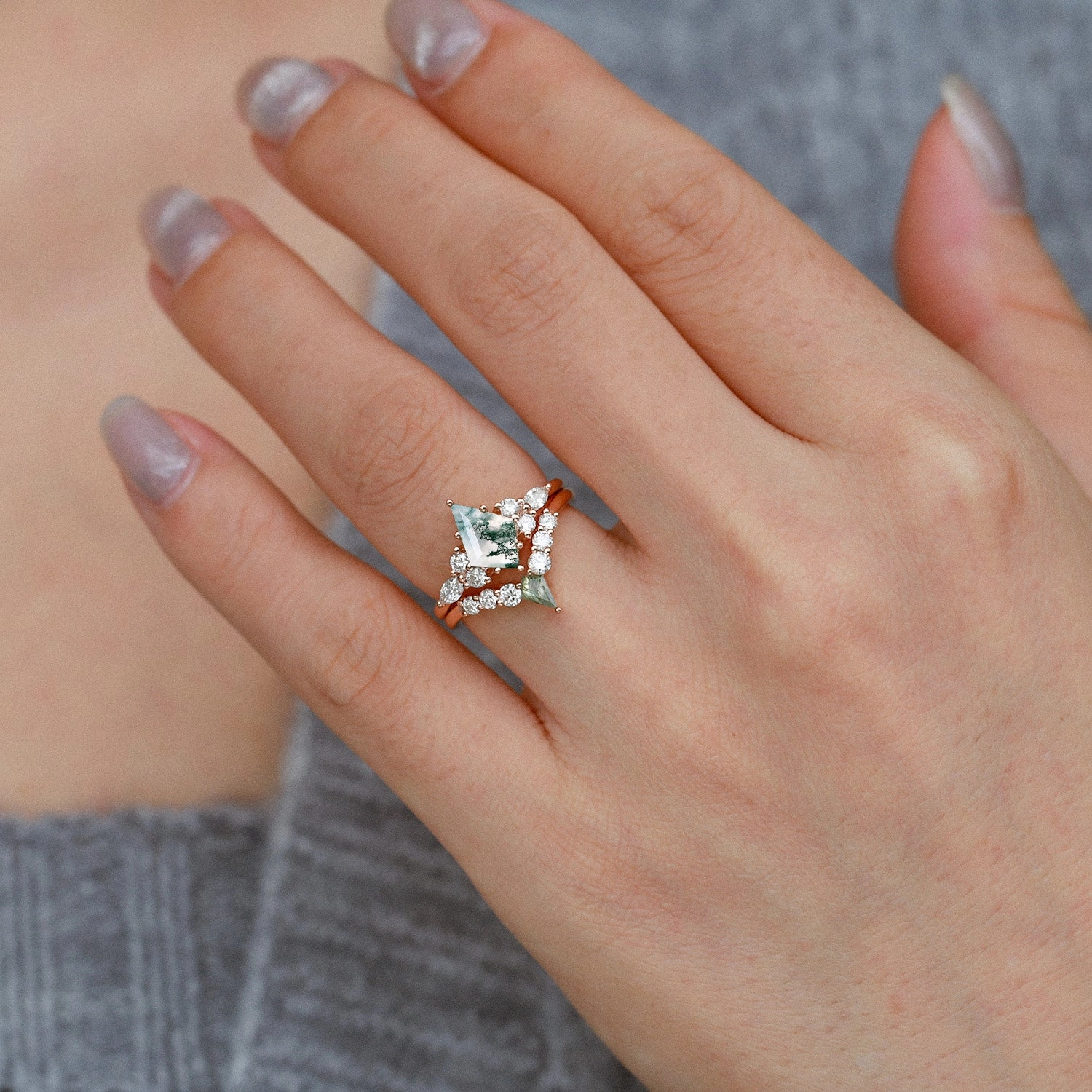 Twin Flames - Black Gold Kite Cut Unique Moss Agate Ring Sets 2pcs Everyday Pick