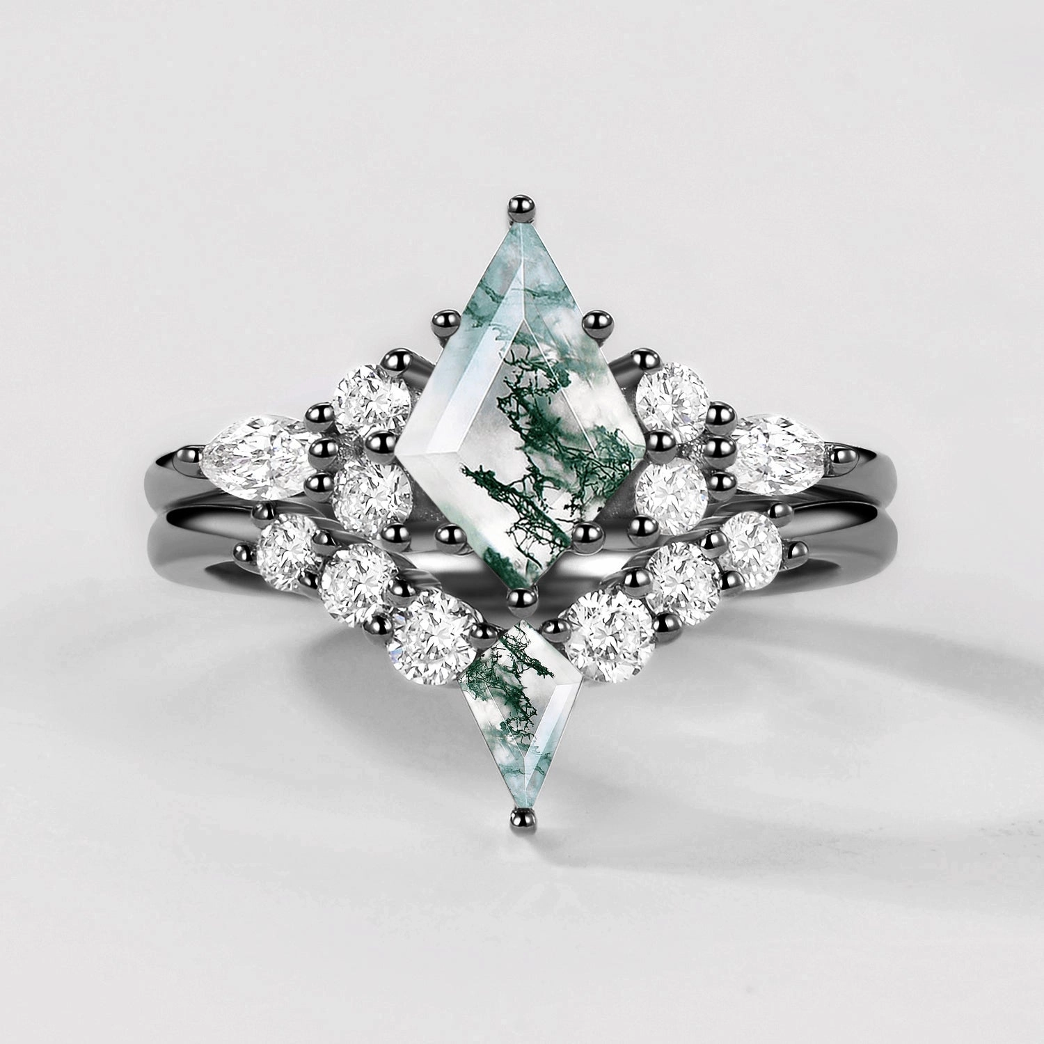 Fresh Light Fashion Pairing Twin Flames - Black Gold Kite Cut Unique Moss Agate Ring Sets 2pcs