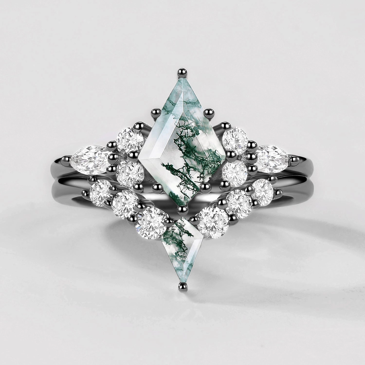 Attire Accent Twin Flames - Black Gold Kite Cut Unique Moss Agate Ring Sets 2pcs