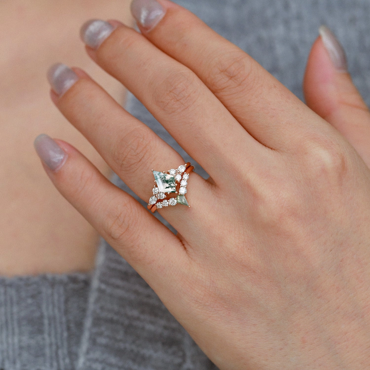 Contemporary Creation Twin Flames - Black Gold Kite Cut Unique Moss Agate Ring Sets 2pcs