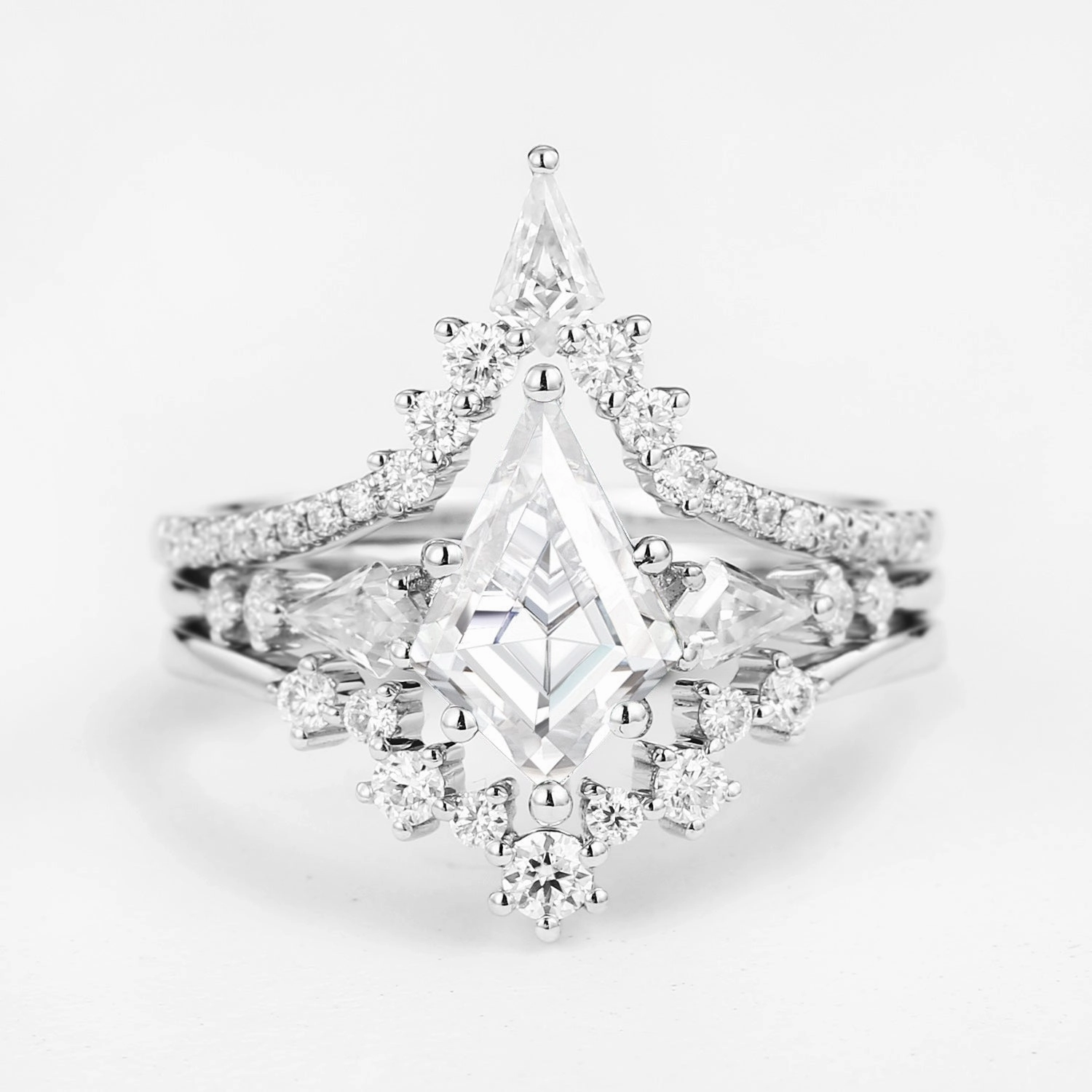 Twin Flames - Kite Cut Moissanite Engagement Ring Set 3pcs - Tyler Sleek Piece Radiant Surface