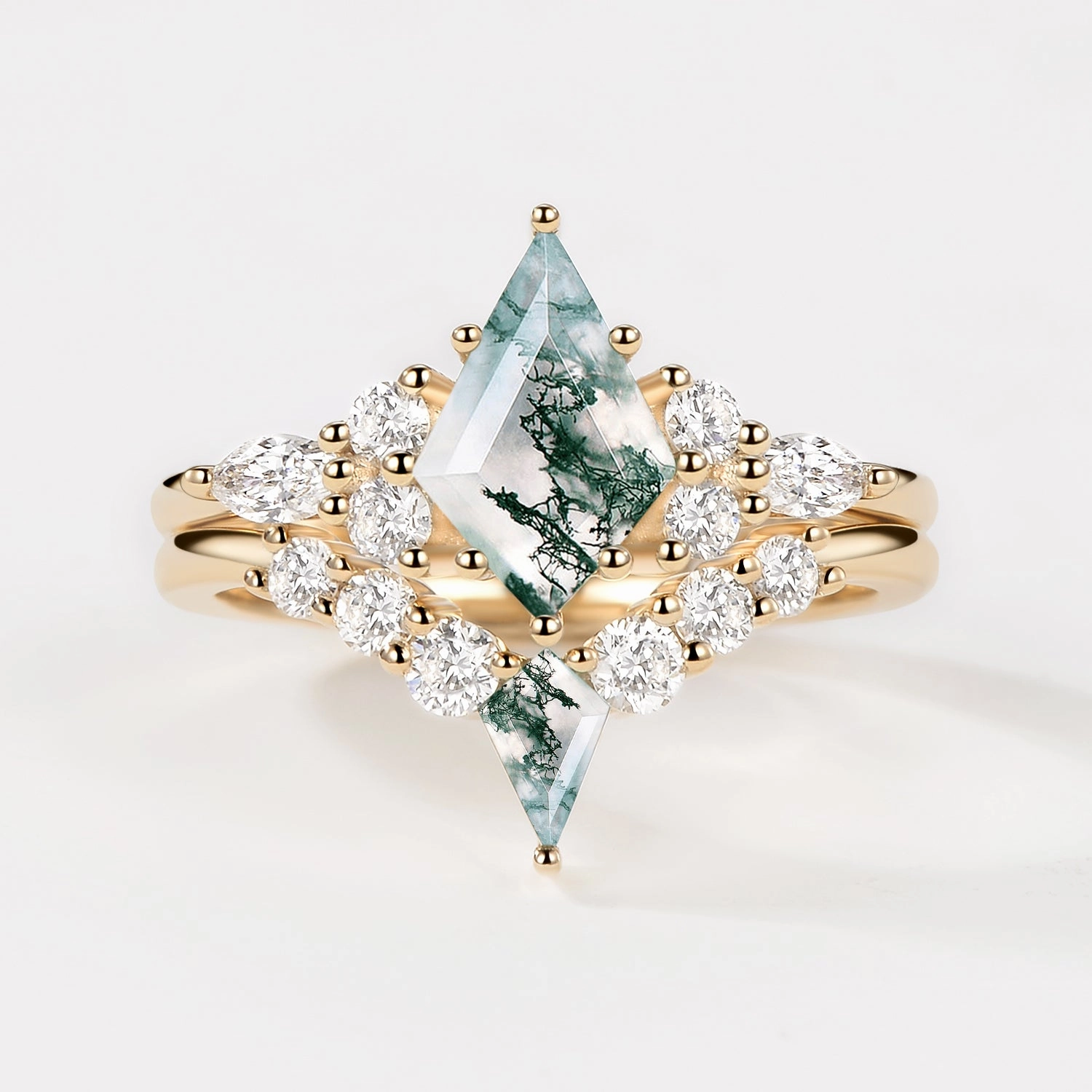 Twin Flames - Kite Cut Unique Moss Agate Engagement Ring Sets 2pcs - Zoey Custom Touch