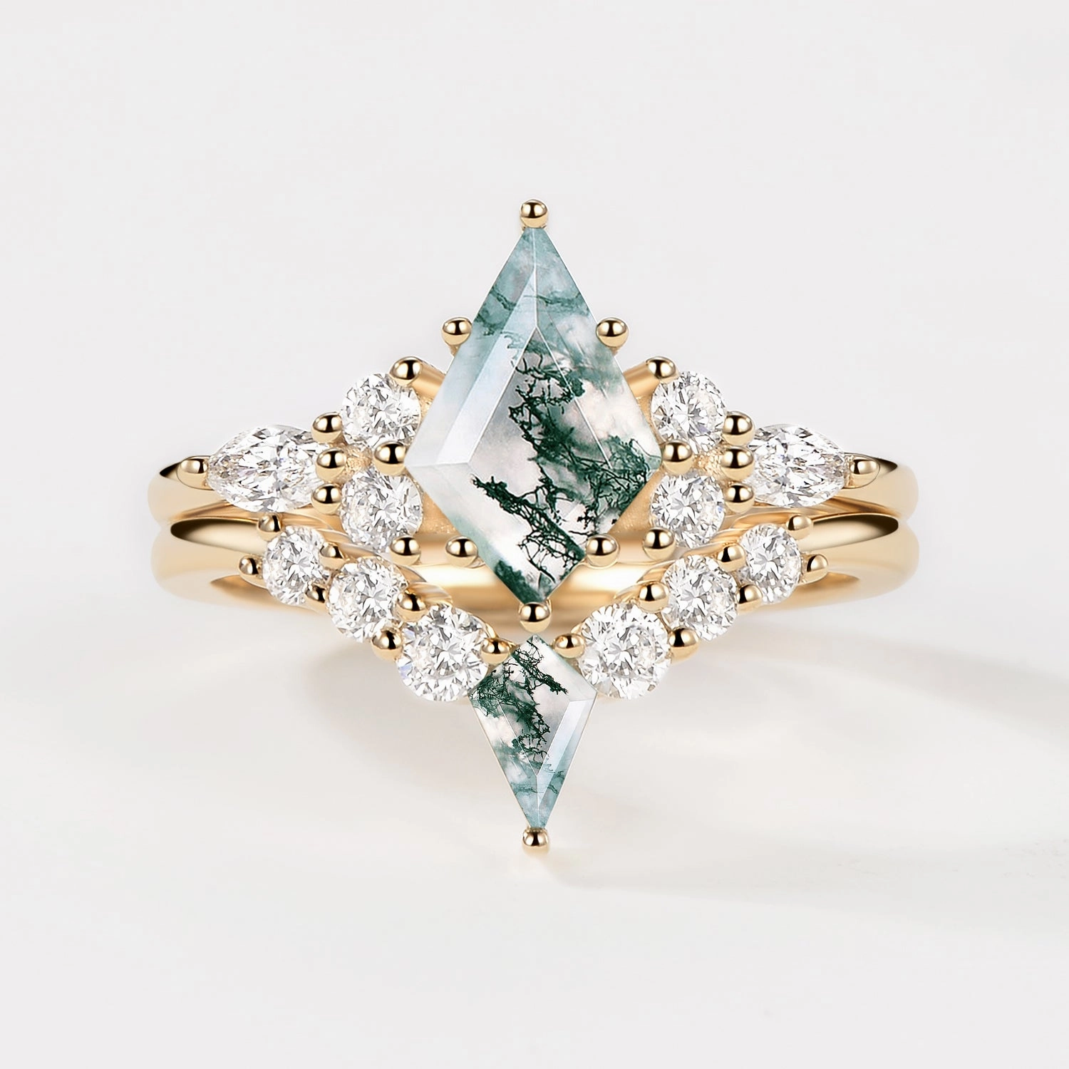 Twin Flames - Kite Cut Unique Moss Agate Engagement Ring Sets 2pcs - Zoey Lifestyle Fit