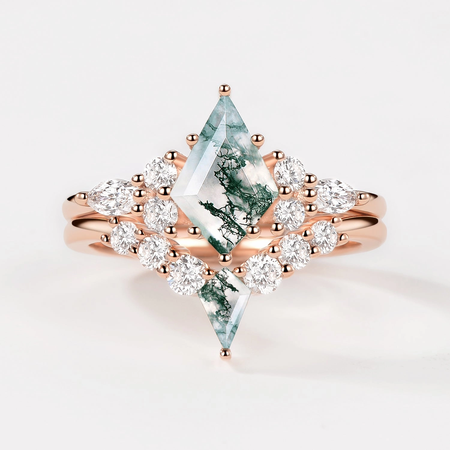 Amazing Object Travel Style Twin Flames - Kite Cut Unique Moss Agate Engagement Ring Sets 2pcs - Zoey