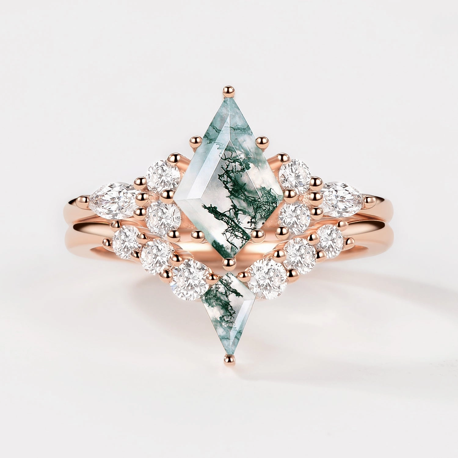 Twin Flames - Kite Cut Unique Moss Agate Engagement Ring Sets 2pcs - Zoey Premium Sparkle