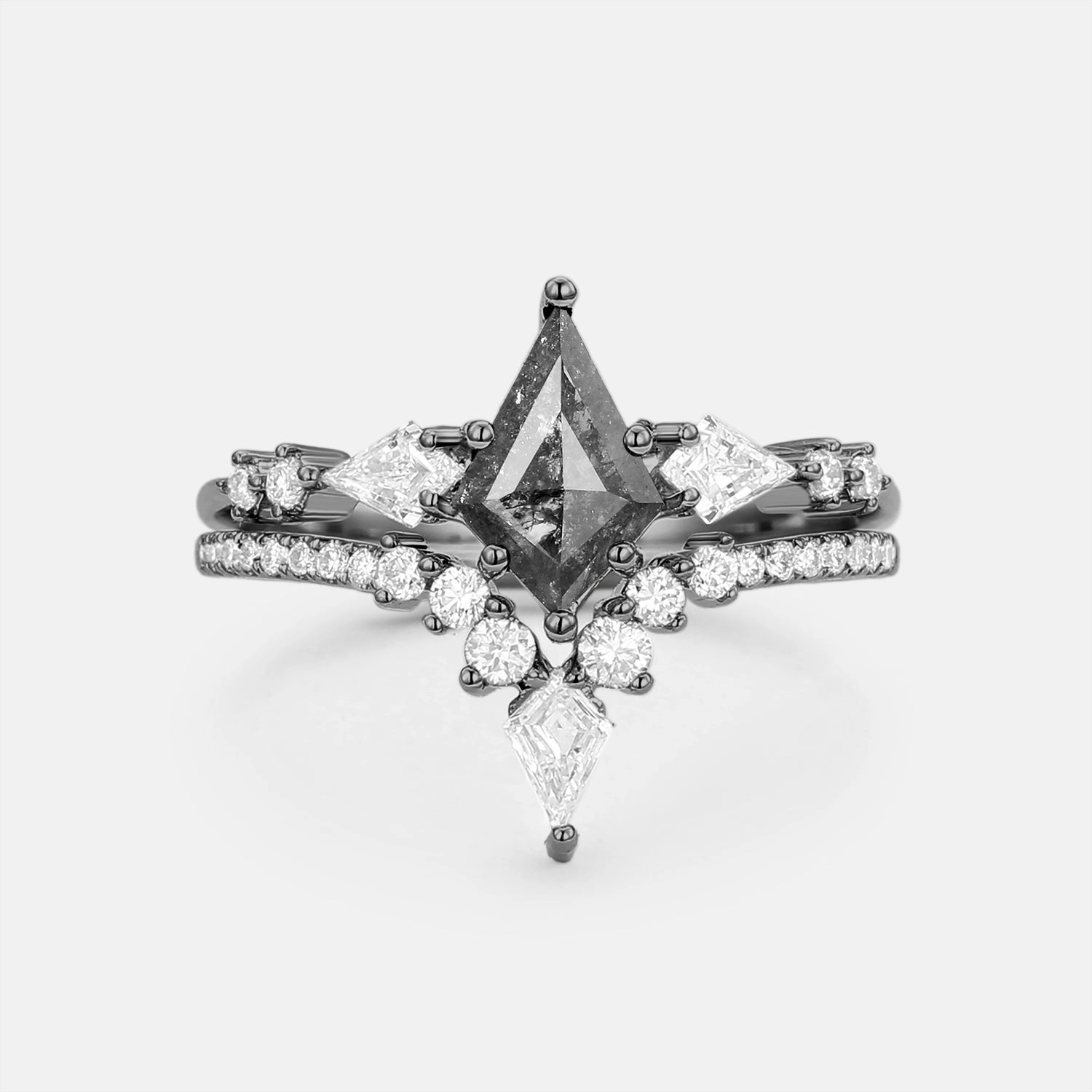 Twin Flames - Kite Salt and Pepper Diamonds Engagement Ring Set 2pcs - Zendaya Balanced Accent