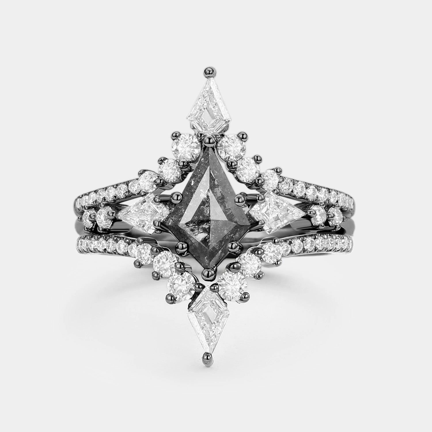 Twin Flames - Kite Salt and Pepper Diamonds Engagement Ring Set 3pcs - Zendaya Earth Friendly Versatile Fit