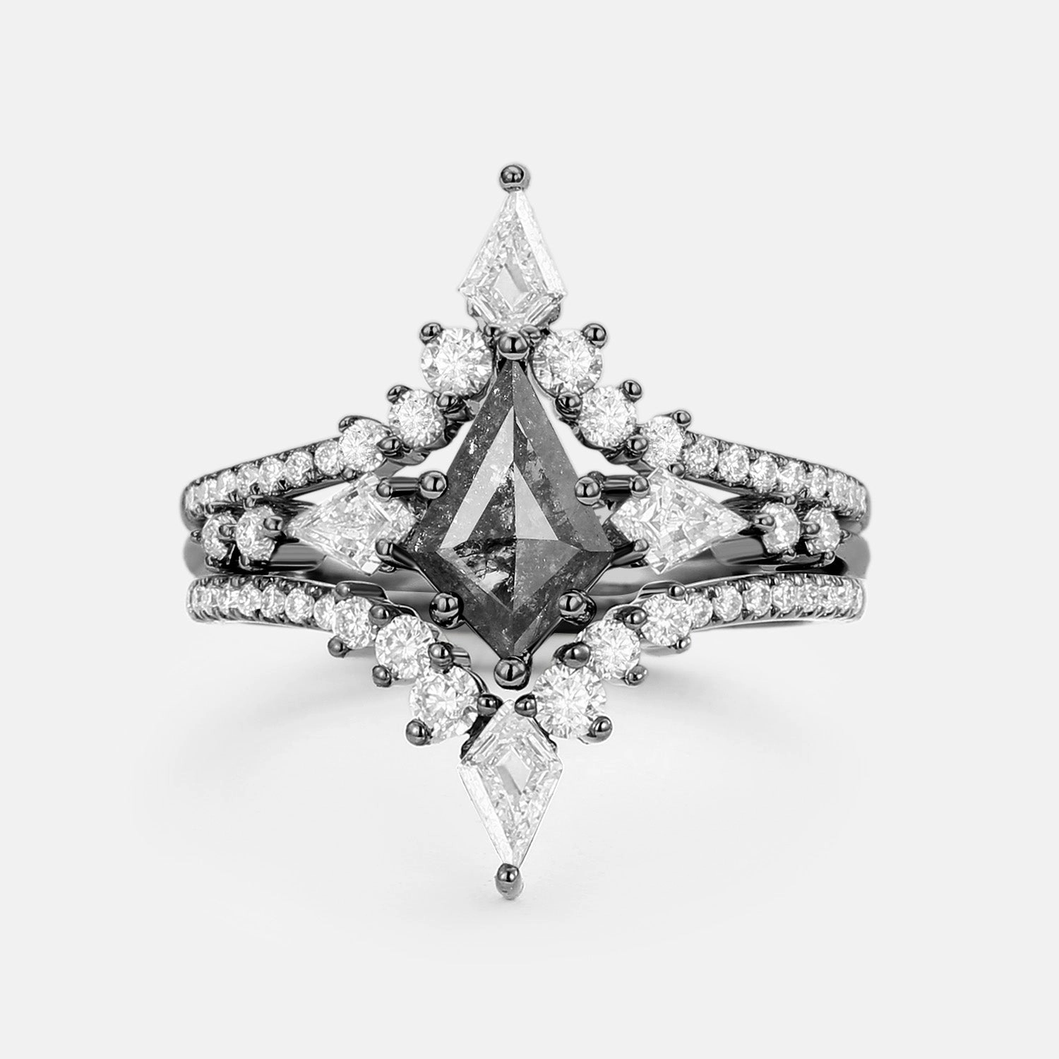 Gleam Accent Twin Flames - Kite Salt and Pepper Diamonds Engagement Ring Set 3pcs - Zendaya