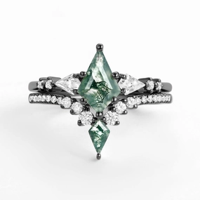 Twin Flames - Women Kite Moss Agate Wedding Ring Sets 2pcs - Zendaya Soft Light