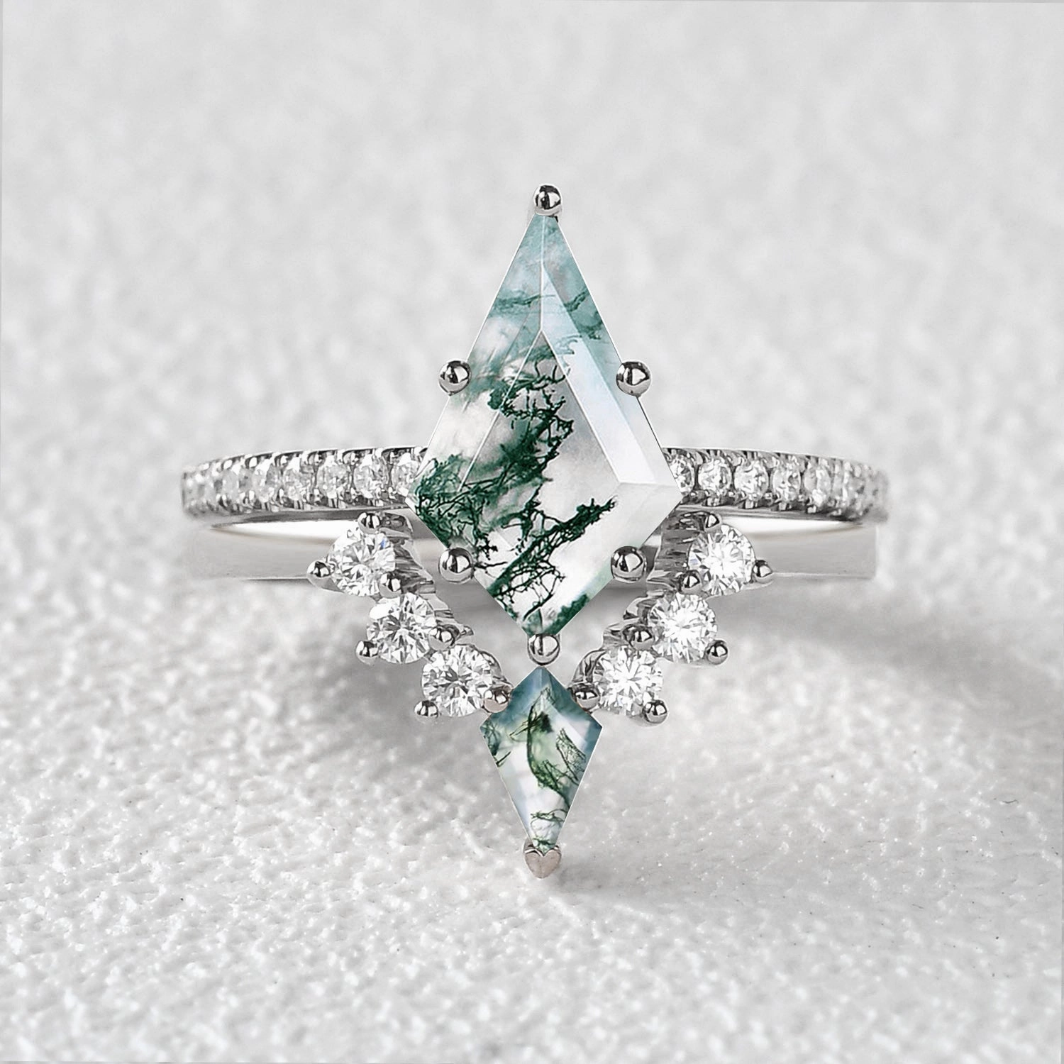 Twin Flames - Women Unique Kite Moss Agate Engagement Ring Sets 2pcs - Karen Classic Choice Casual Vibe