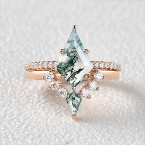 Twin Flames - Women Unique Kite Moss Agate Engagement Ring Sets 2pcs - Karen Couture Accent