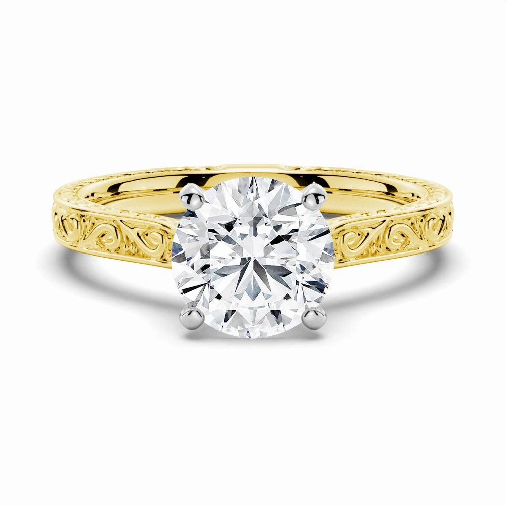 Glistening Look Precious Gem Vintage Two Tone Round Moissanite Engagement Ring With Milgrain Edges