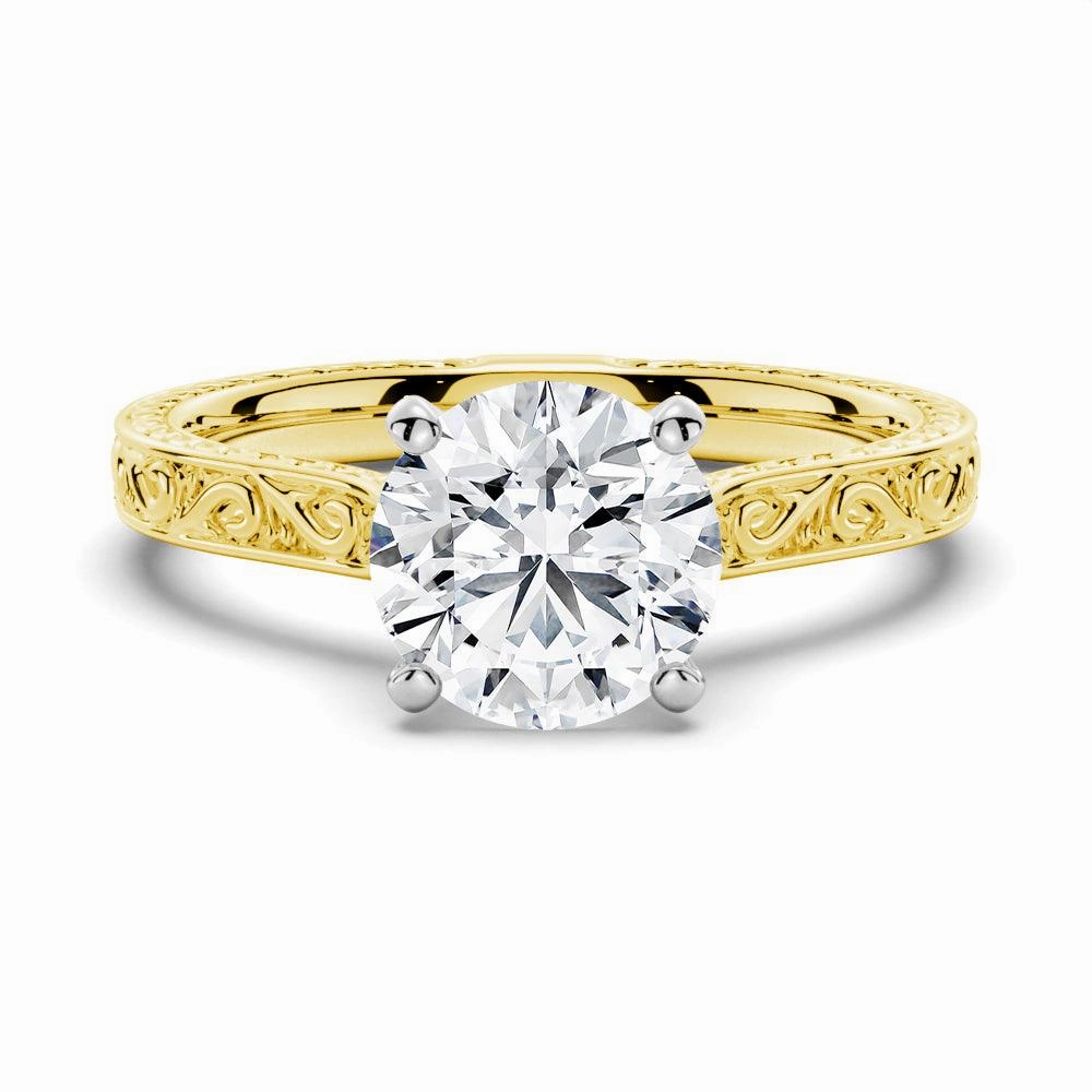 Trendy Finish Vintage Two Tone Round Moissanite Engagement Ring With Milgrain Edges
