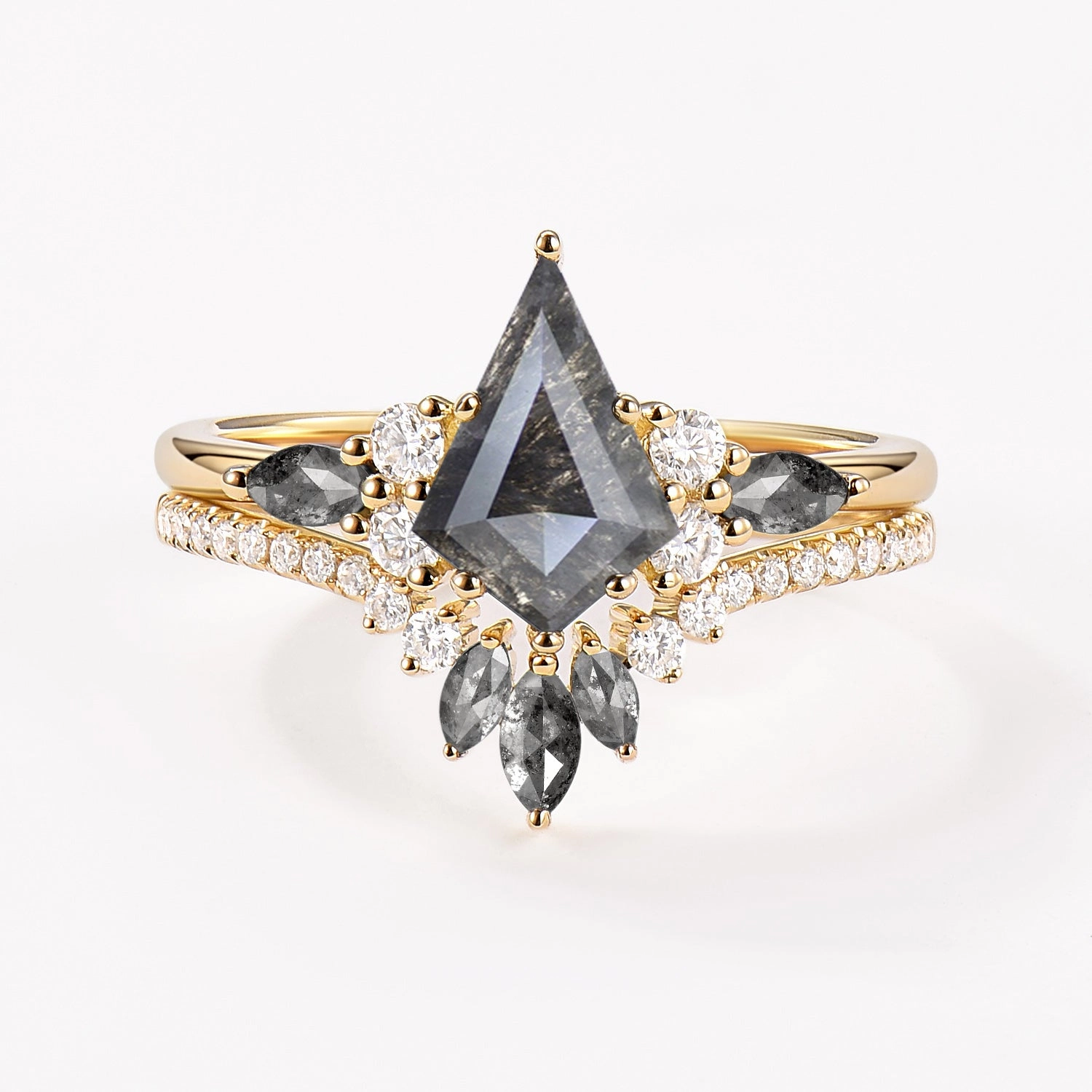 Kite Cut Salt and Pepper Diamonds Cluster Engagement Ring Set 2pcs - Rebecca Museum Quality