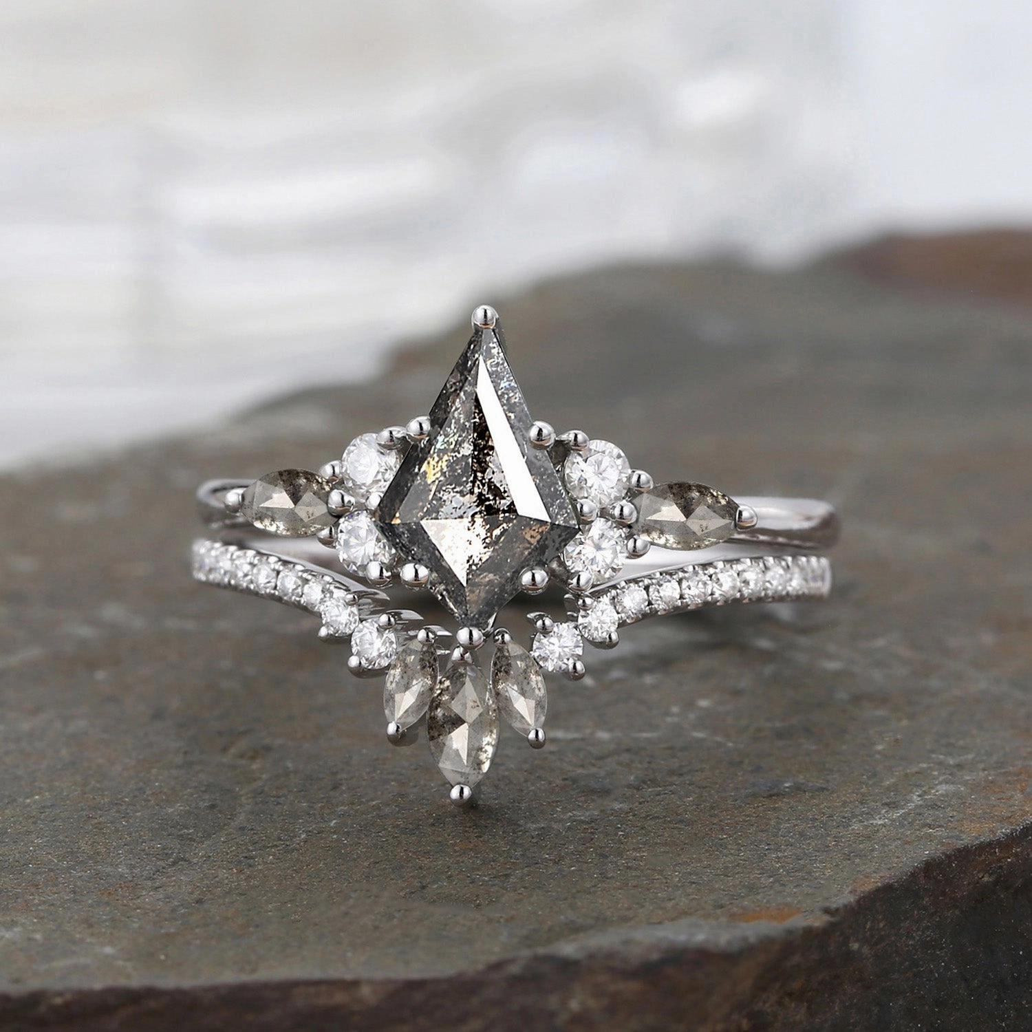 Designer Adornment Kite Cut Salt and Pepper Diamonds Cluster Engagement Ring Set 2pcs - Rebecca