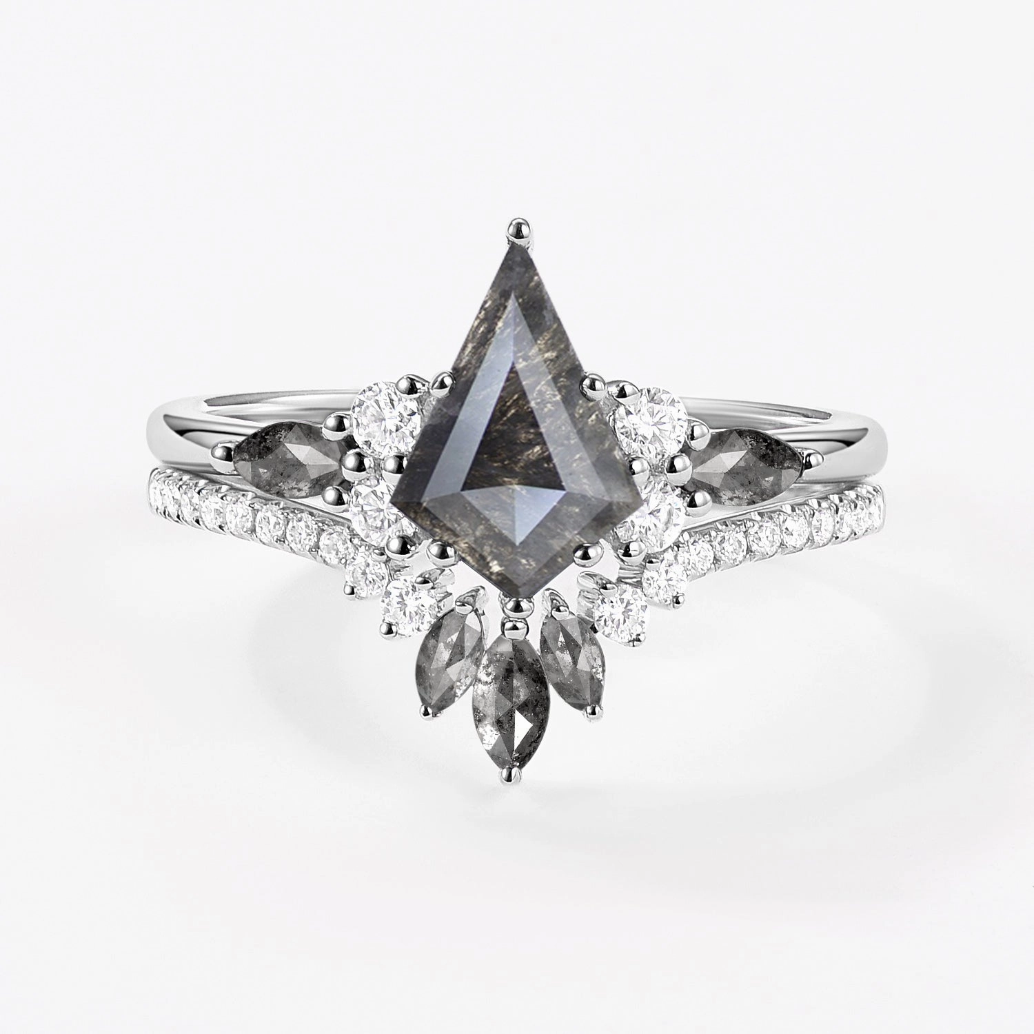Kite Cut Salt and Pepper Diamonds Cluster Engagement Ring Set 2pcs - Rebecca Minimalist Product Simple Texture