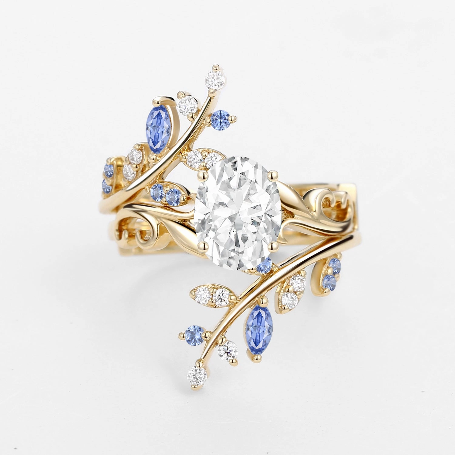 Bold Glance Modern Edge Oval Shaped Vine Moissanite Engagement Ring Sets 2PCS - Talasi