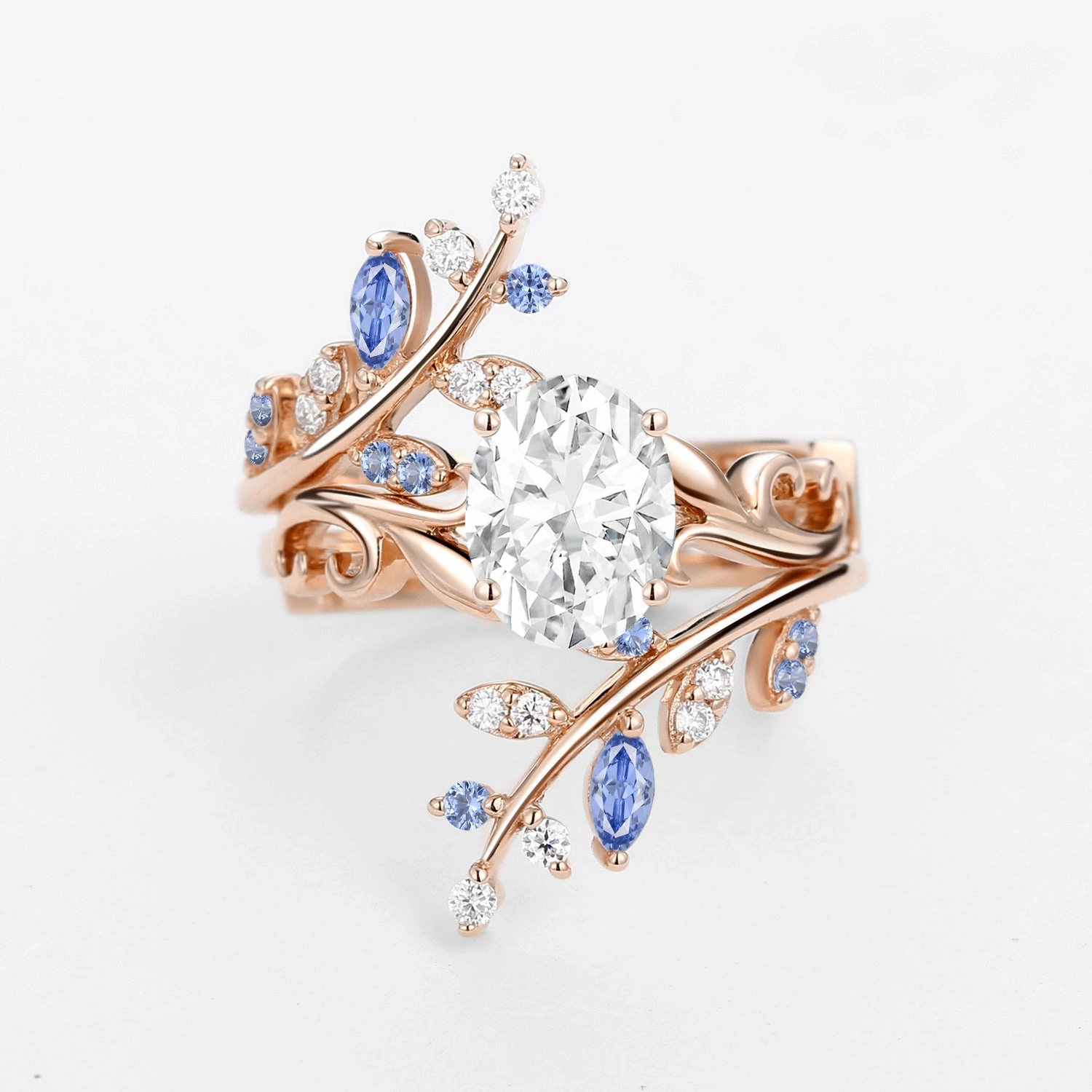 Oval Shaped Vine Moissanite Engagement Ring Sets 2PCS - Talasi Charming Features