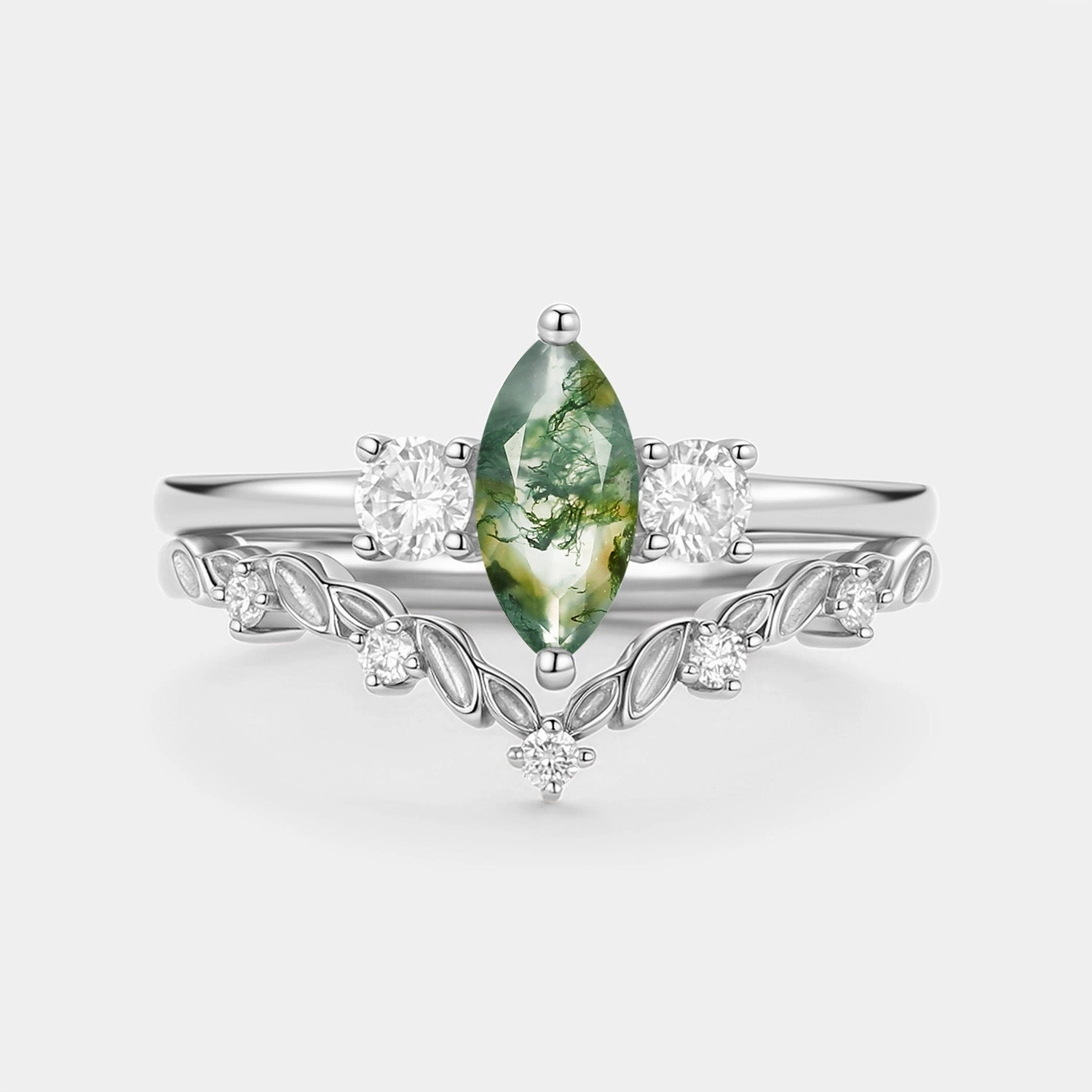 Marquise Cut Moss Agate Leafy Engagement Ring Sets 2pcs - Penny Elegant Feel Superior Statement
