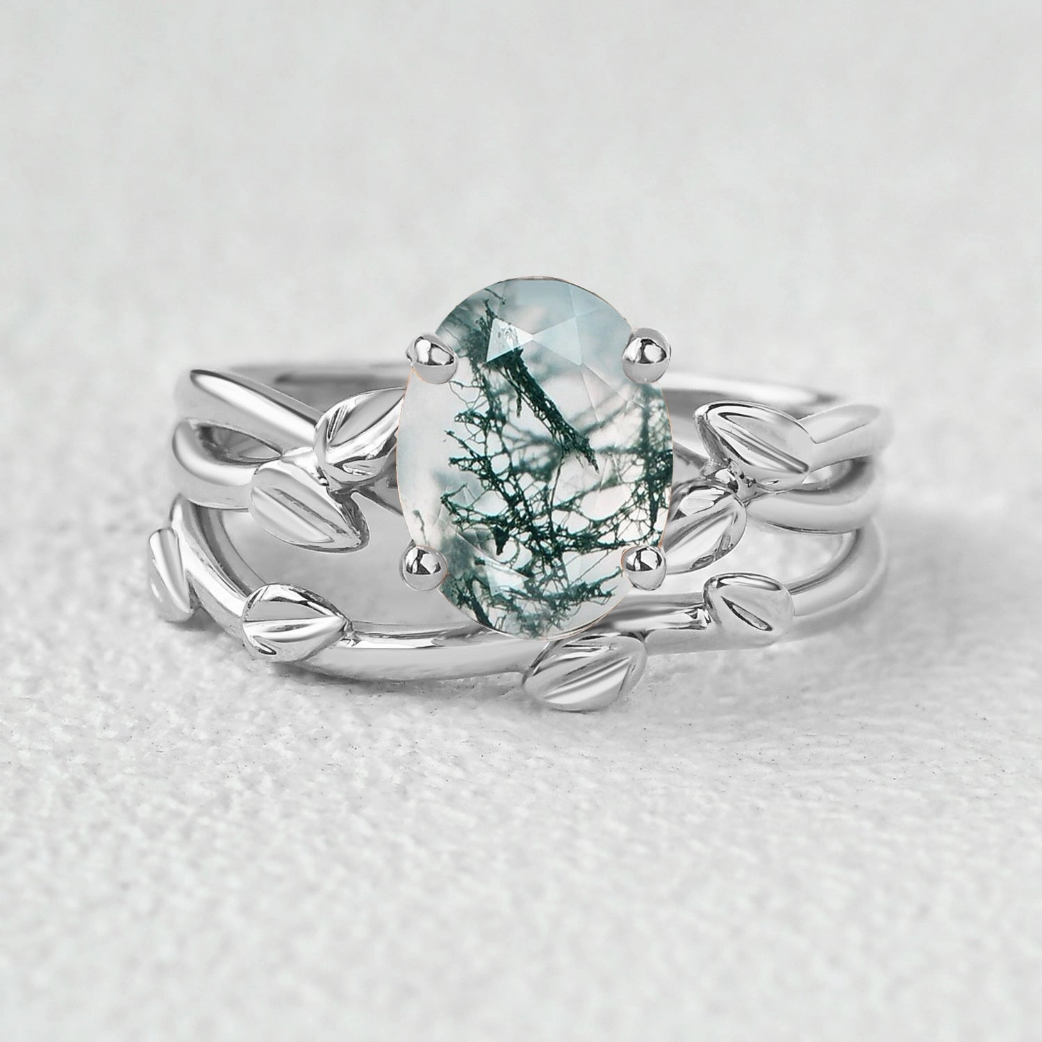 Jewelry Essential Budget Item Twisted Leaf Oval Moss Agate Engagement Ring Sets 2pcs