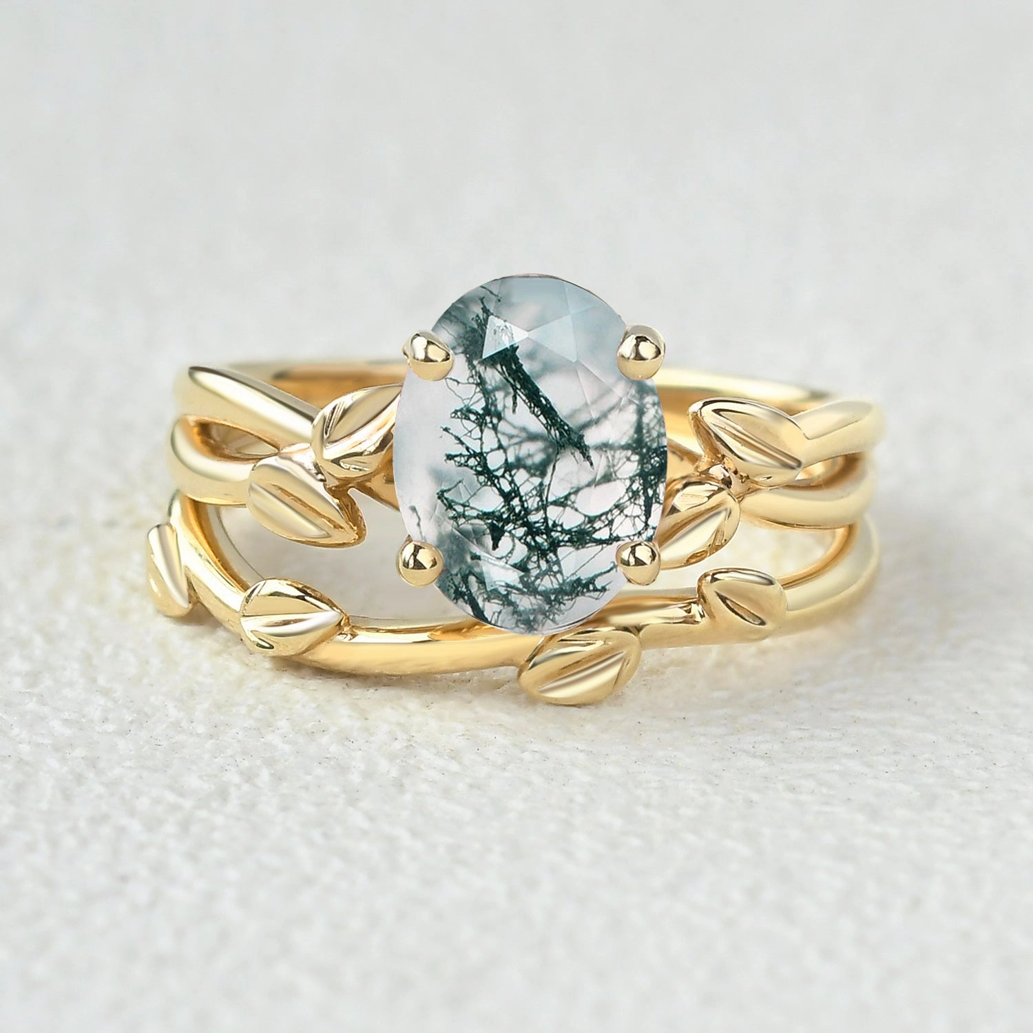 Formal Layer Delicate Feature Twisted Leaf Oval Moss Agate Engagement Ring Sets 2pcs