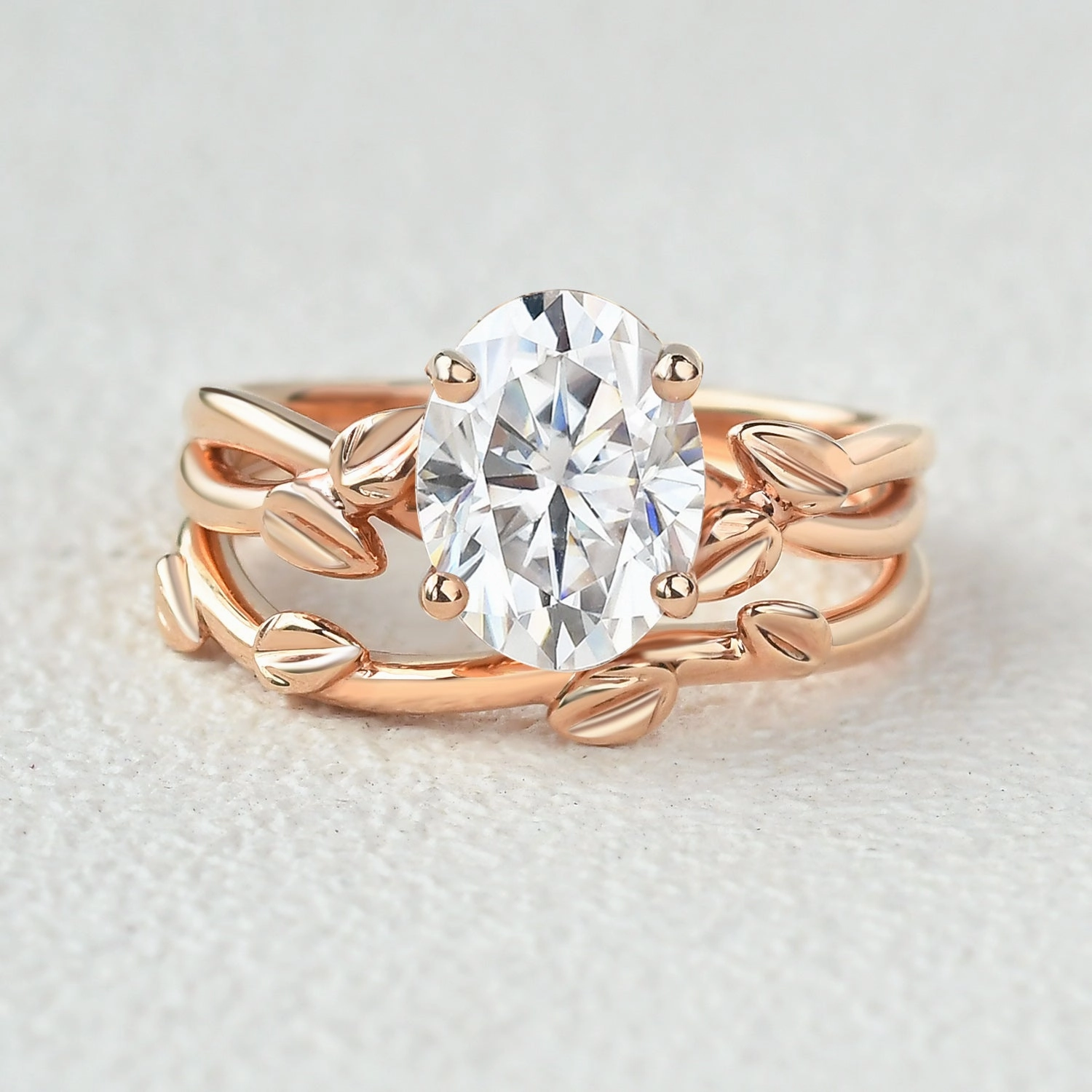 Exquisite Piece High-End Adornment Twisted Leaf Oval Moss Agate Engagement Ring Sets 2pcs