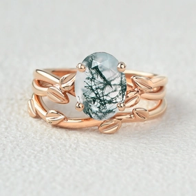 Twisted Leaf Oval Moss Agate Engagement Ring Sets 2pcs Dress Up Time Cozy Layers
