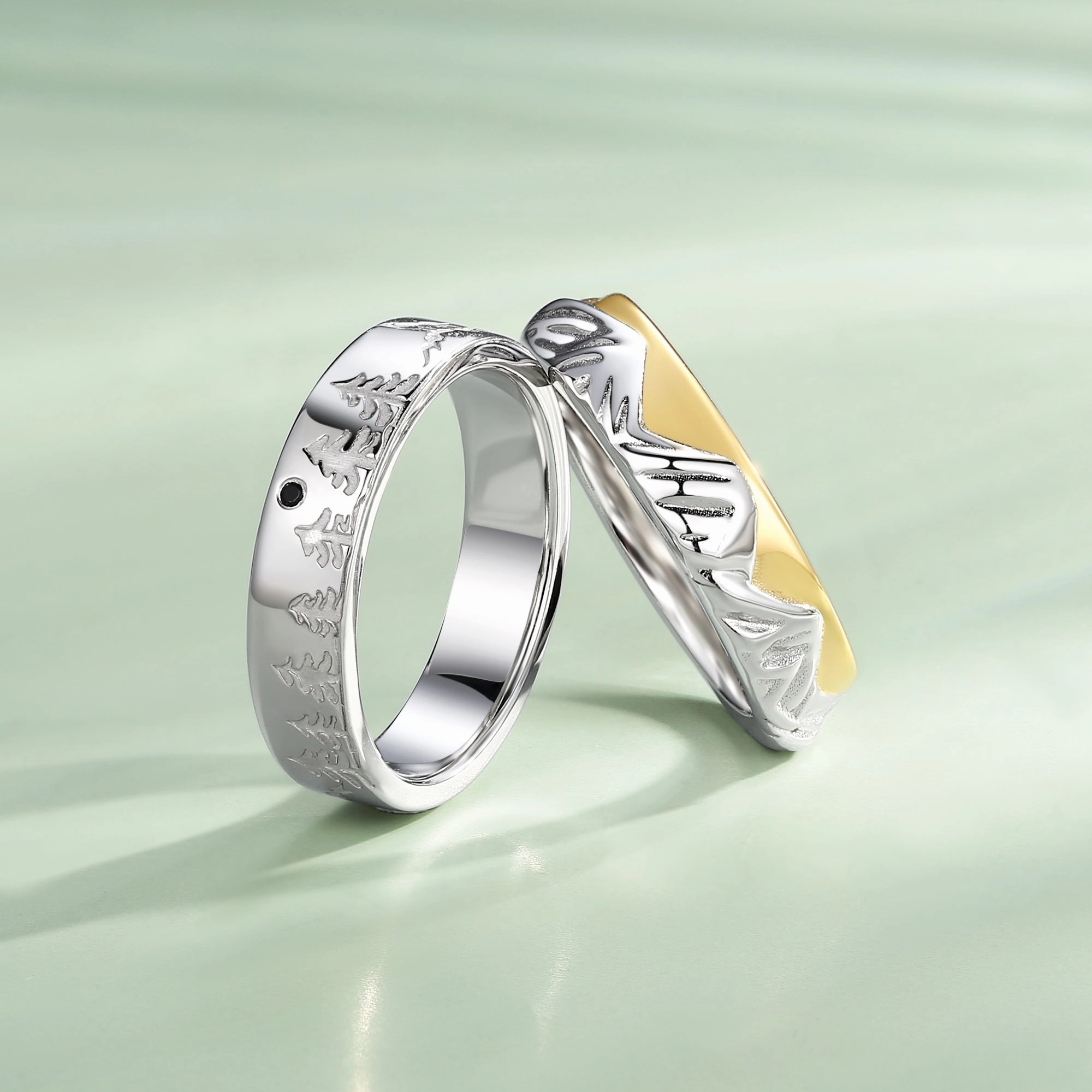 Trendy Article Two-tone Mountain Engraved Couple Ring Set 2pcs - Sylvan