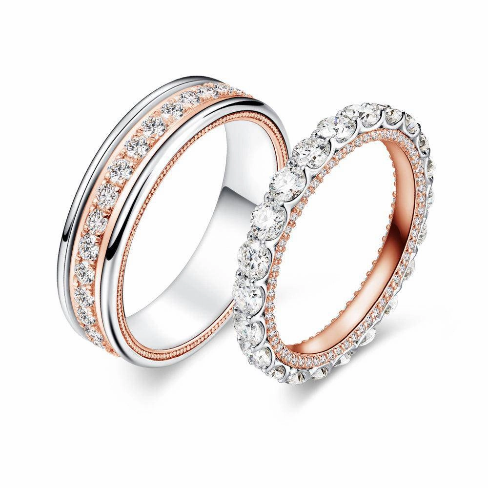 Gifting Ready Event Favorite Two Tone Round Moissanite Eternity Couple's Ring Set