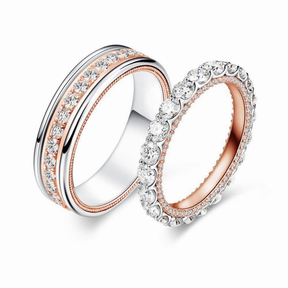 Chic Appeal Two Tone Round Moissanite Eternity Couple's Ring Set