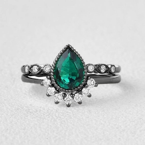 Stylish Expression Modern Craft Black Gold Pear Emerald Milgrain Vintage Ring Set 2pcs
