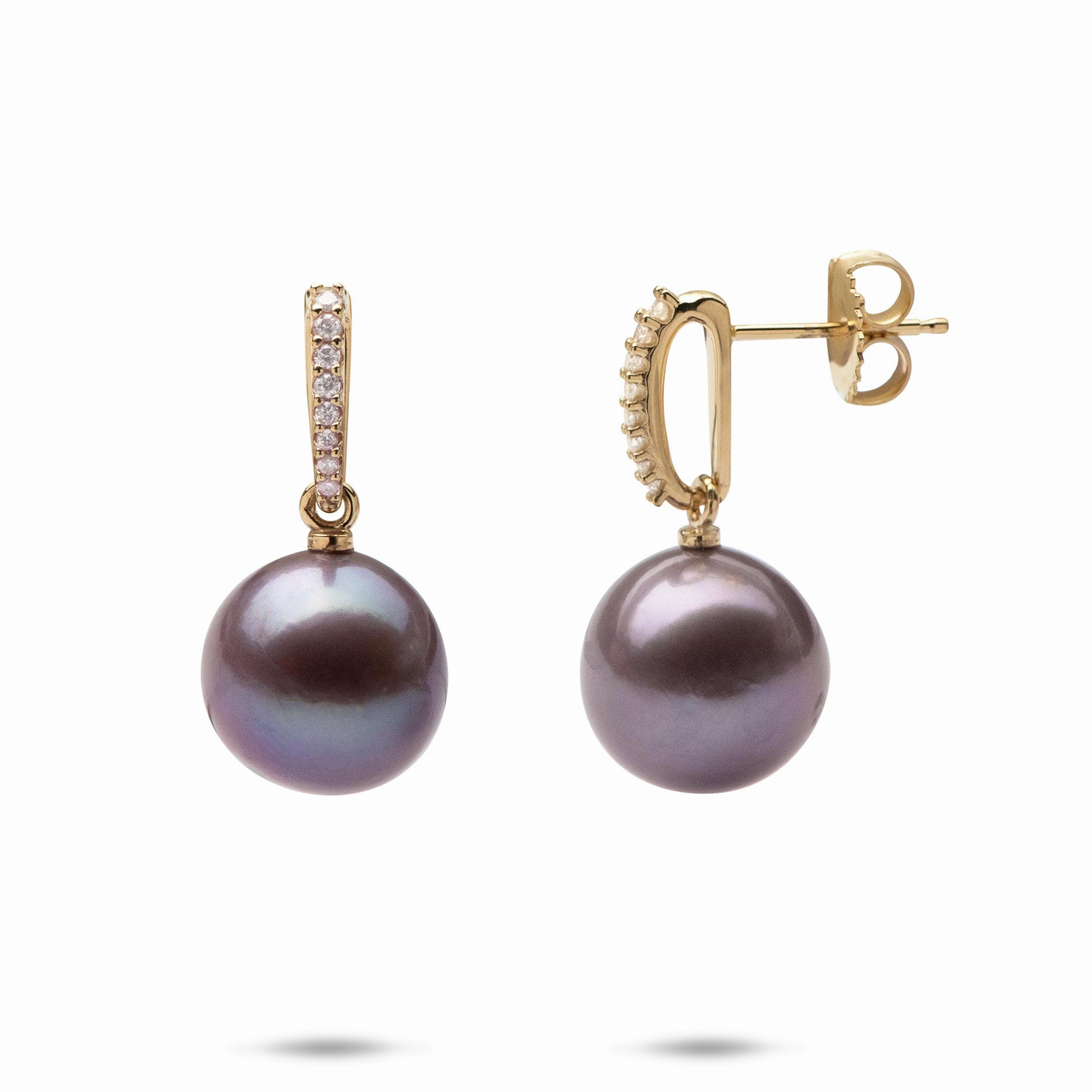 Ultraviolet Freshwater Pearl Earrings in Gold with Diamonds - 11-12mm Alluring Edge