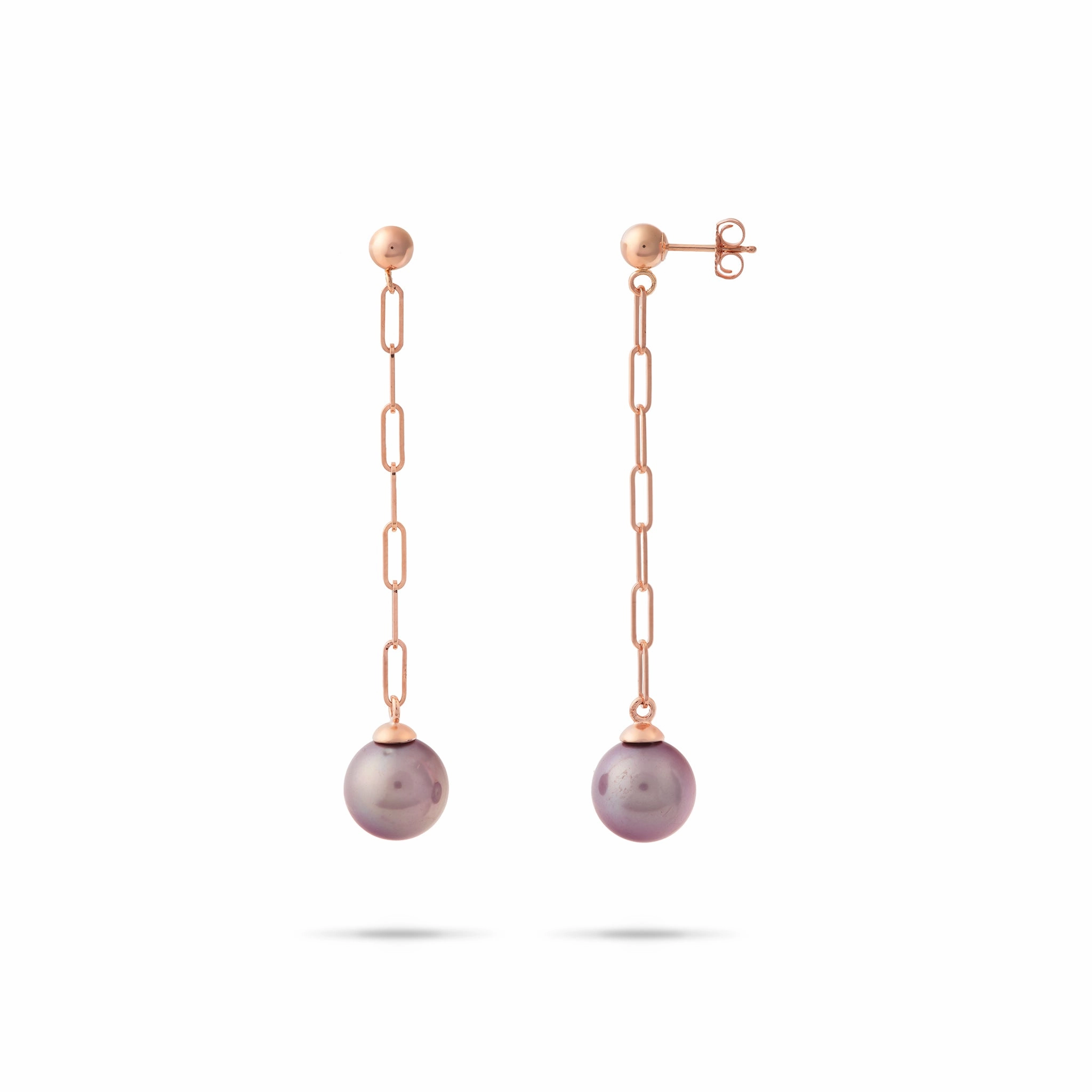 Ultraviolet Freshwater Pearl Paperclip Chain Earrings in Rose Gold - 9-10mm Art Deco Feel
