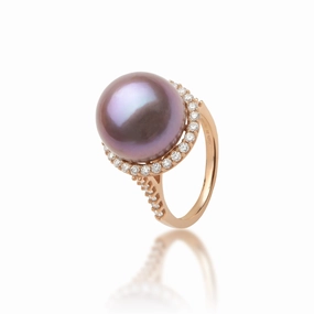 Timeless Style Ultraviolet Freshwater Pearl Ring in Rose Gold with Diamonds - 14-15mm